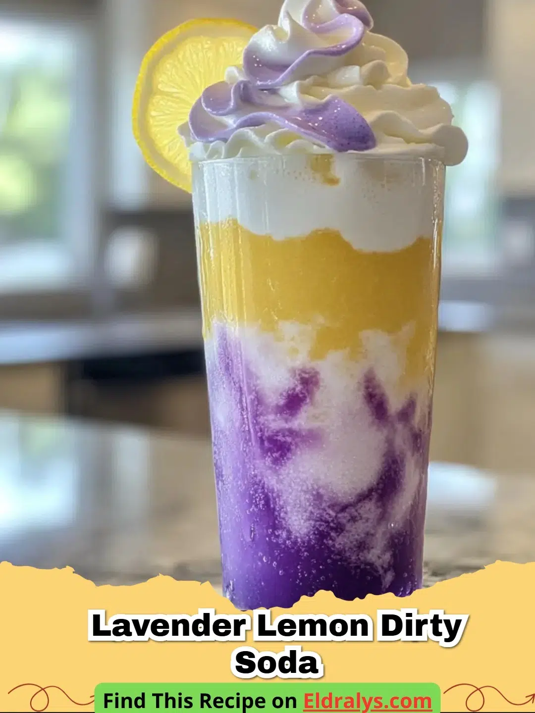 A tall glass of Lavender Lemon Dirty Soda with cream swirling through purple syrup and lemon-lime soda.