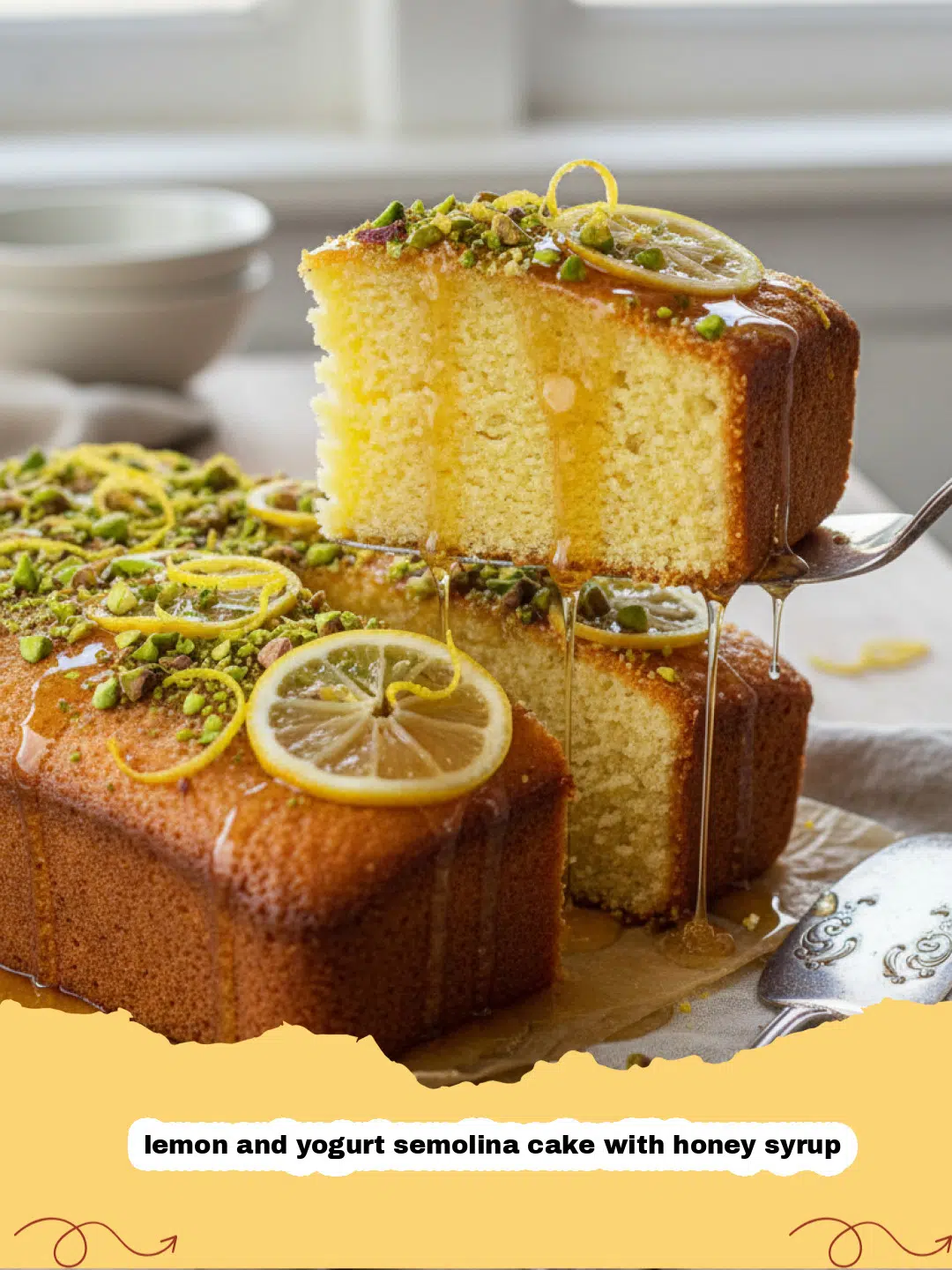lemon and yogurt semolina cake with honey syrup - A golden-brown lemon and yogurt semolina cake soaked in honey syrup, garnished with lemon slices and mint.