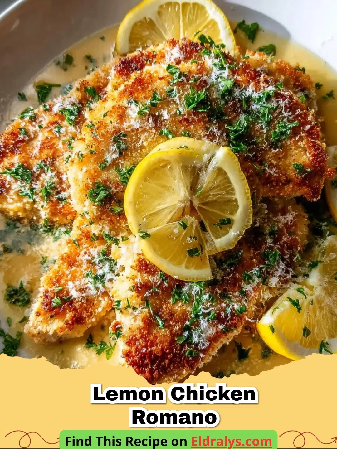 Golden crispy Lemon Chicken Romano cutlets served with lemon slices and parsley.