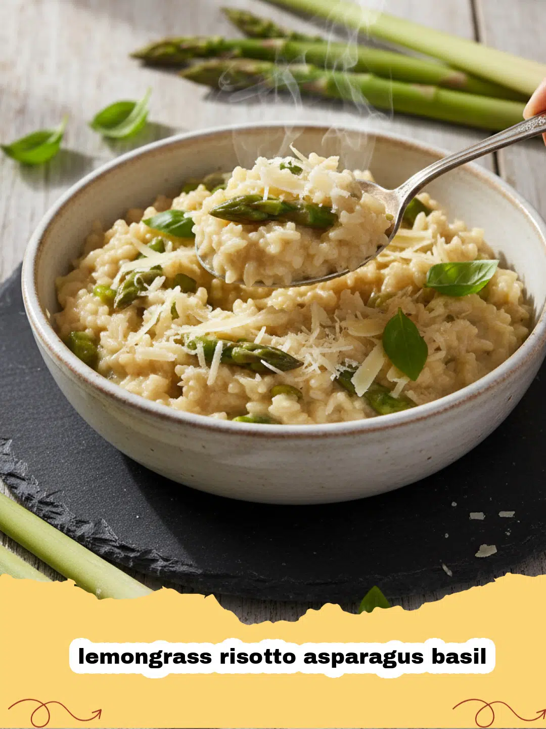 lemongrass risotto asparagus basil - A close-up shot of creamy lemongrass risotto with green asparagus spears and fresh basil leaves on top.
