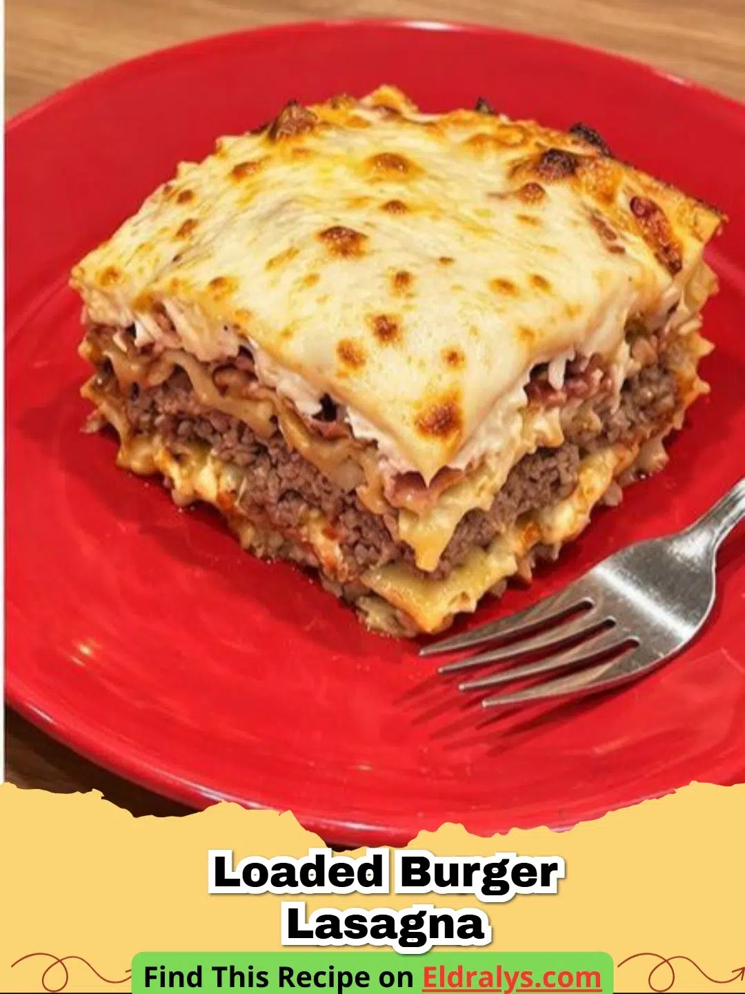 A close up shot of a slice of Loaded Bacon Cheeseburger Lasagna showing layers of beef, bacon, and melted cheese.