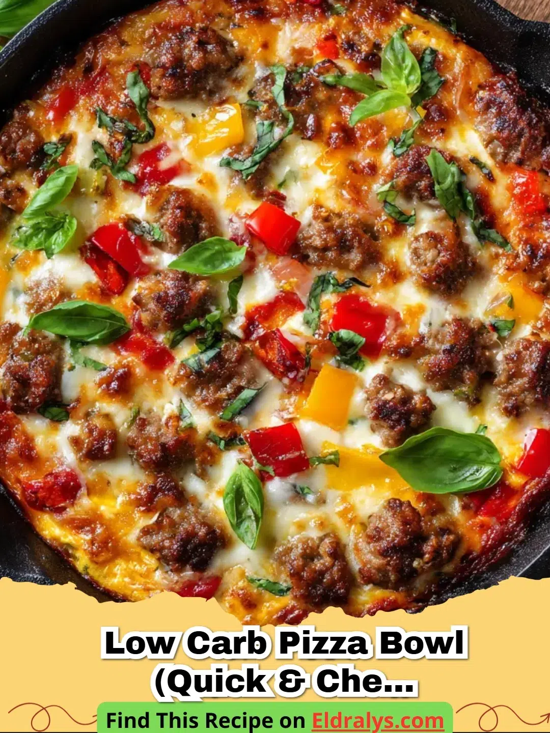A hot and bubbly Low Carb Pizza Bowl (Quick & Cheesy 30-Minute) in a cast iron skillet.