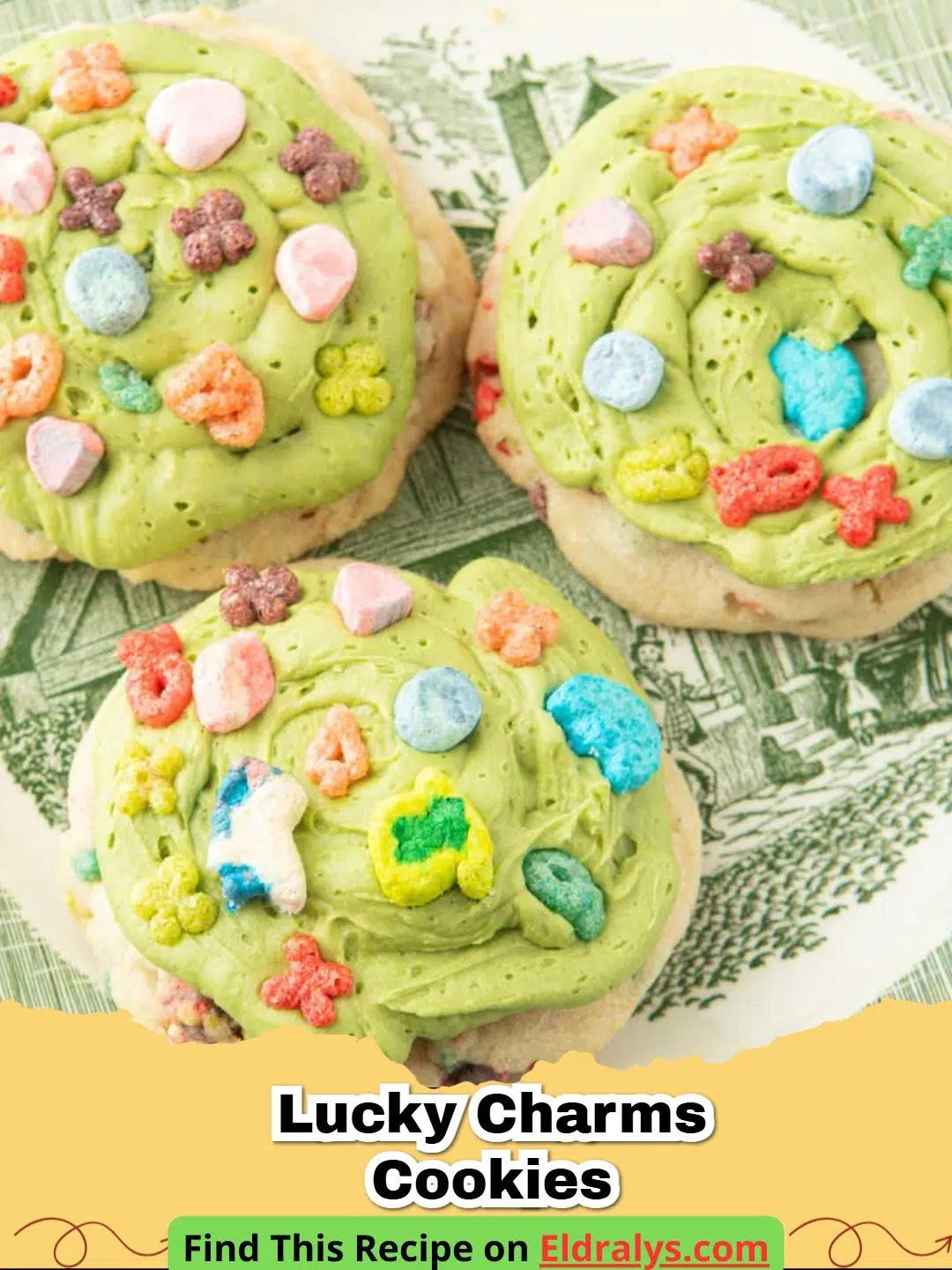 A stack of soft-baked Lucky Charms Cookies with colorful marshmallows on top.