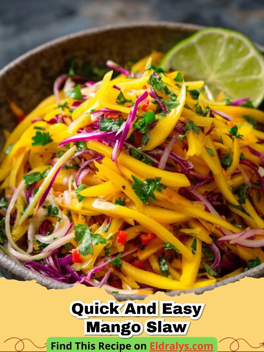 A close-up of vibrant Mango Cabbage Slaw in a white bowl with fresh cilantro garnish.
