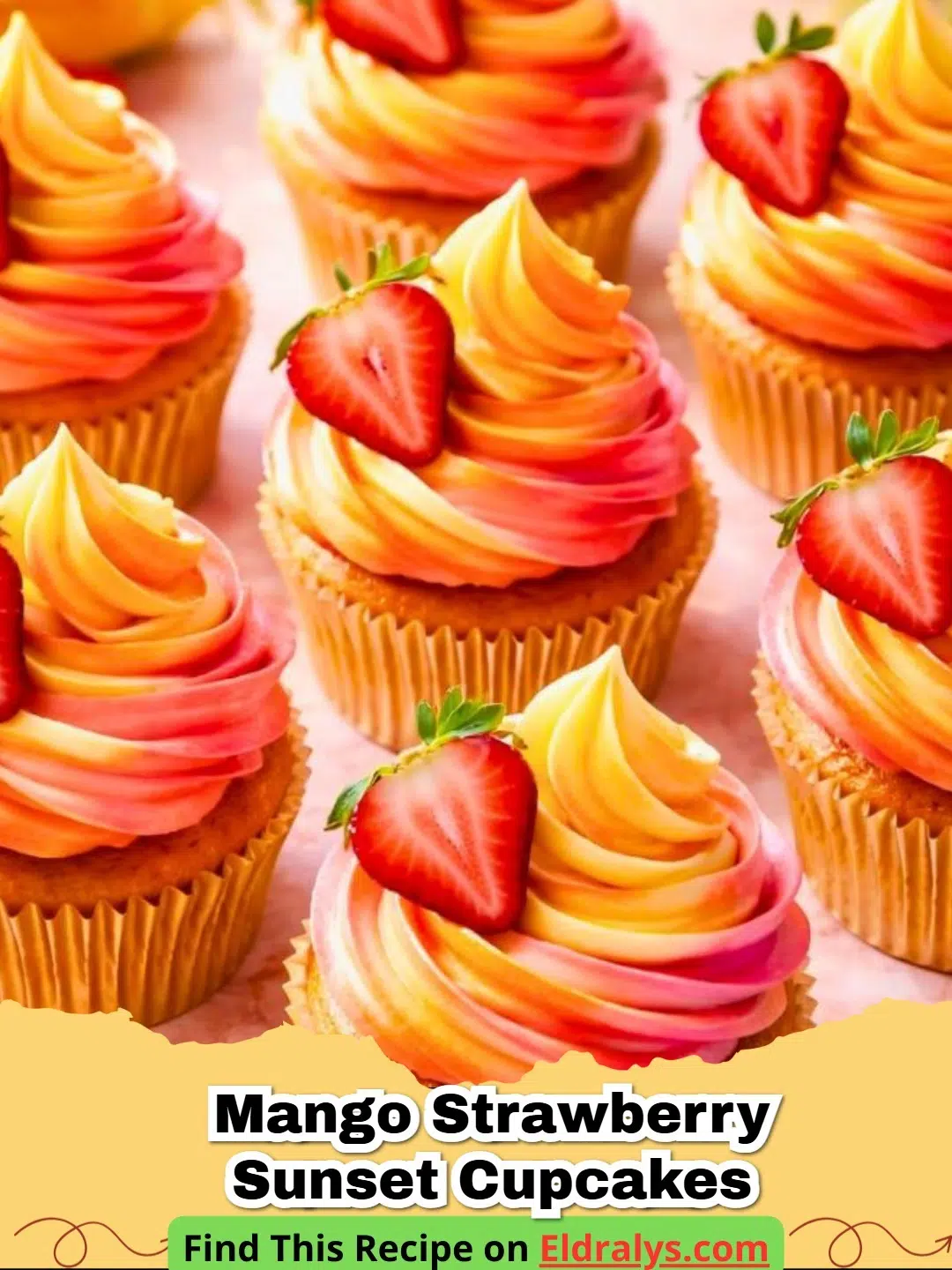 Beautifully frosted Mango Strawberry Sunset Cupcakes with orange and pink swirls.