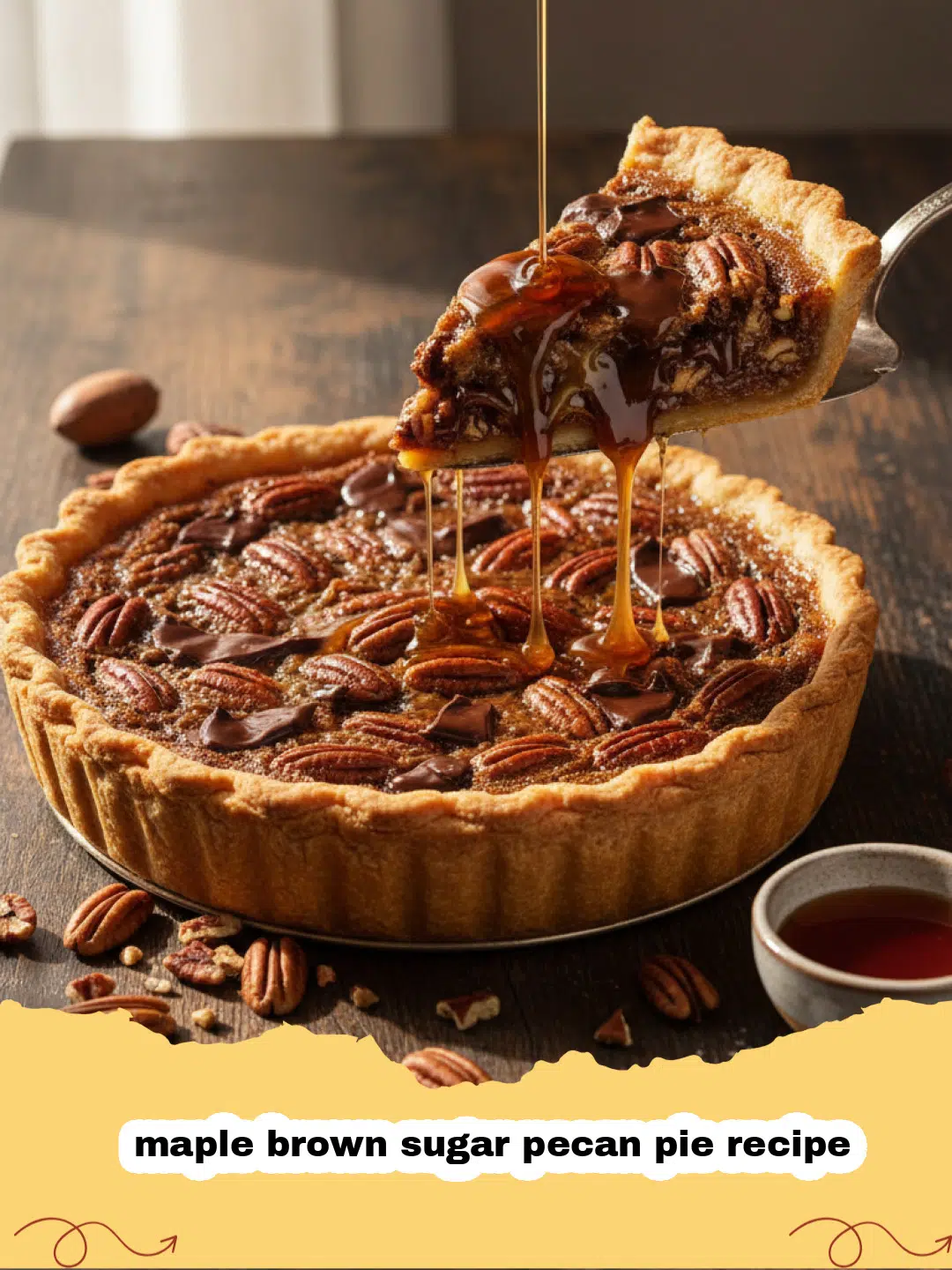 maple brown sugar pecan pie recipe - A close-up shot of a slice of maple brown sugar pecan pie on a white plate with a fork.