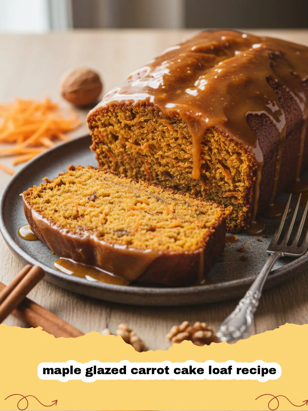 maple glazed carrot cake loaf recipe - A thick slice of maple glazed carrot cake loaf on a white plate with a drizzle of maple syrup.