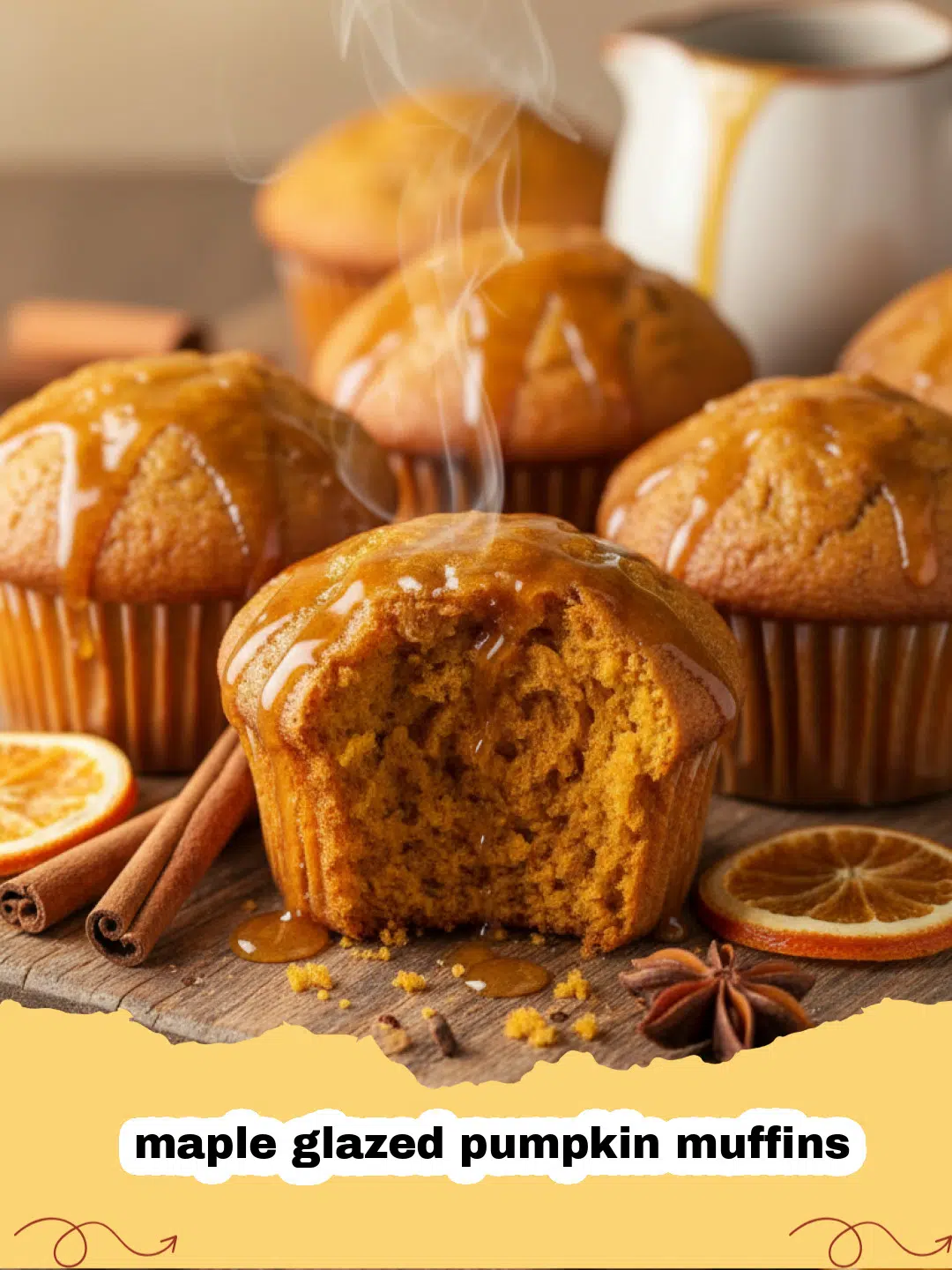 A stack of moist maple glazed pumpkin muffins on a wooden cooling rack with fall leaves in the background.