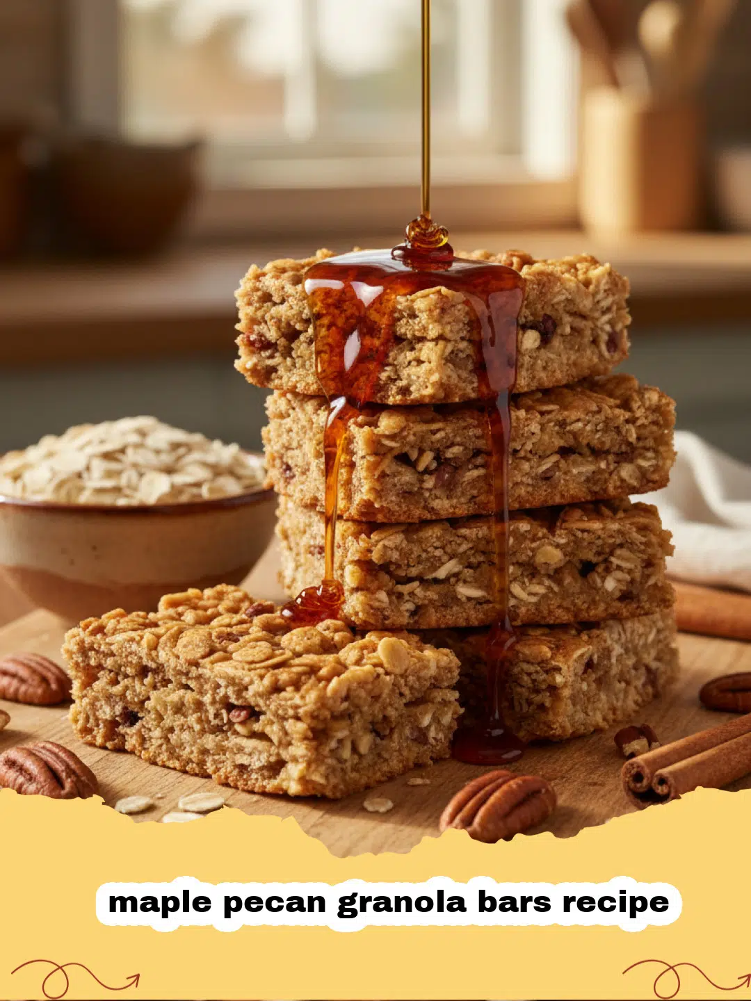 maple pecan granola bars recipe - Homemade maple pecan granola bars stacked on a wooden board