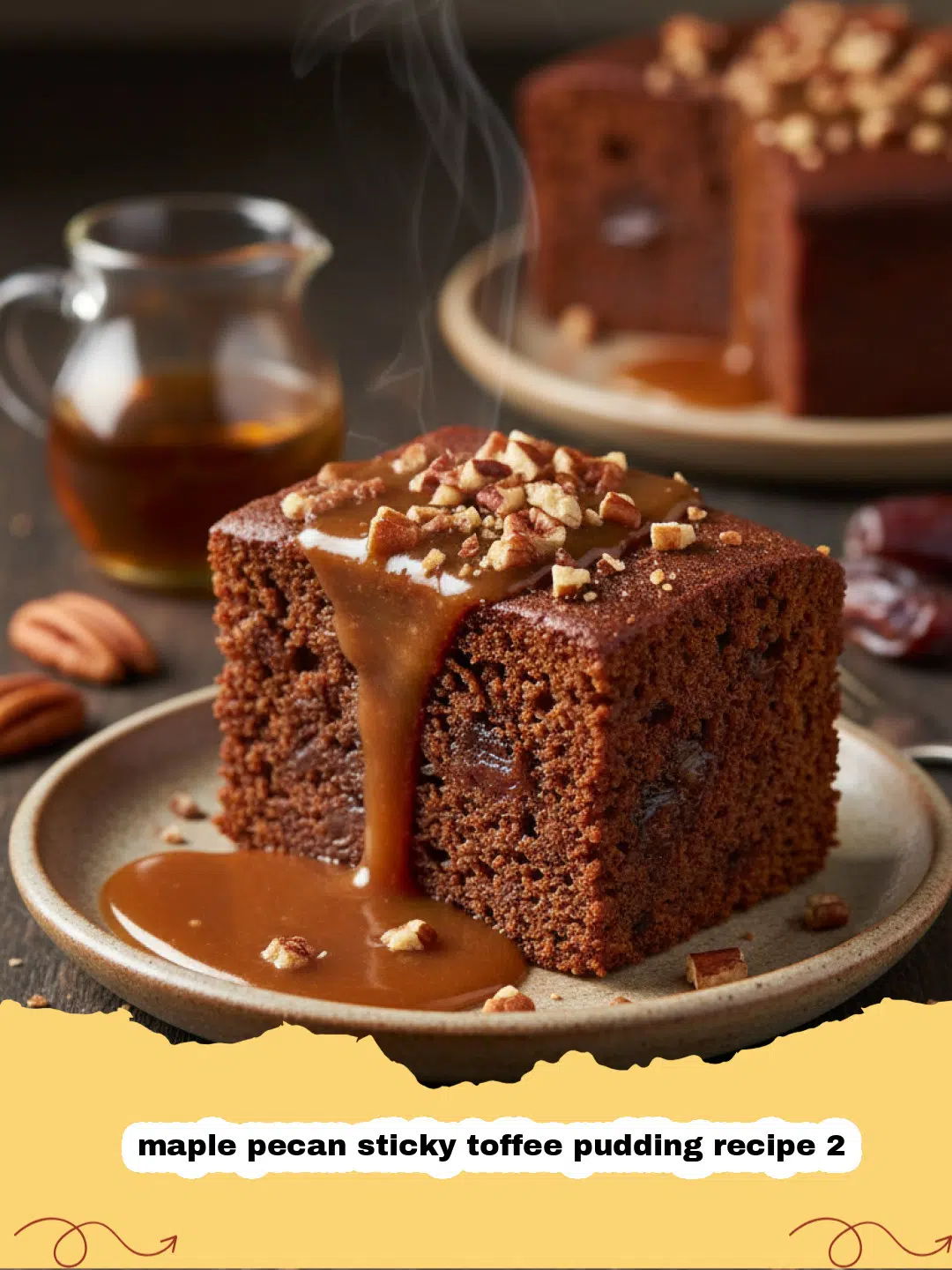 maple pecan sticky toffee pudding recipe 2 - A close up shot of a slice of maple pecan sticky toffee pudding covered in rich sauce.