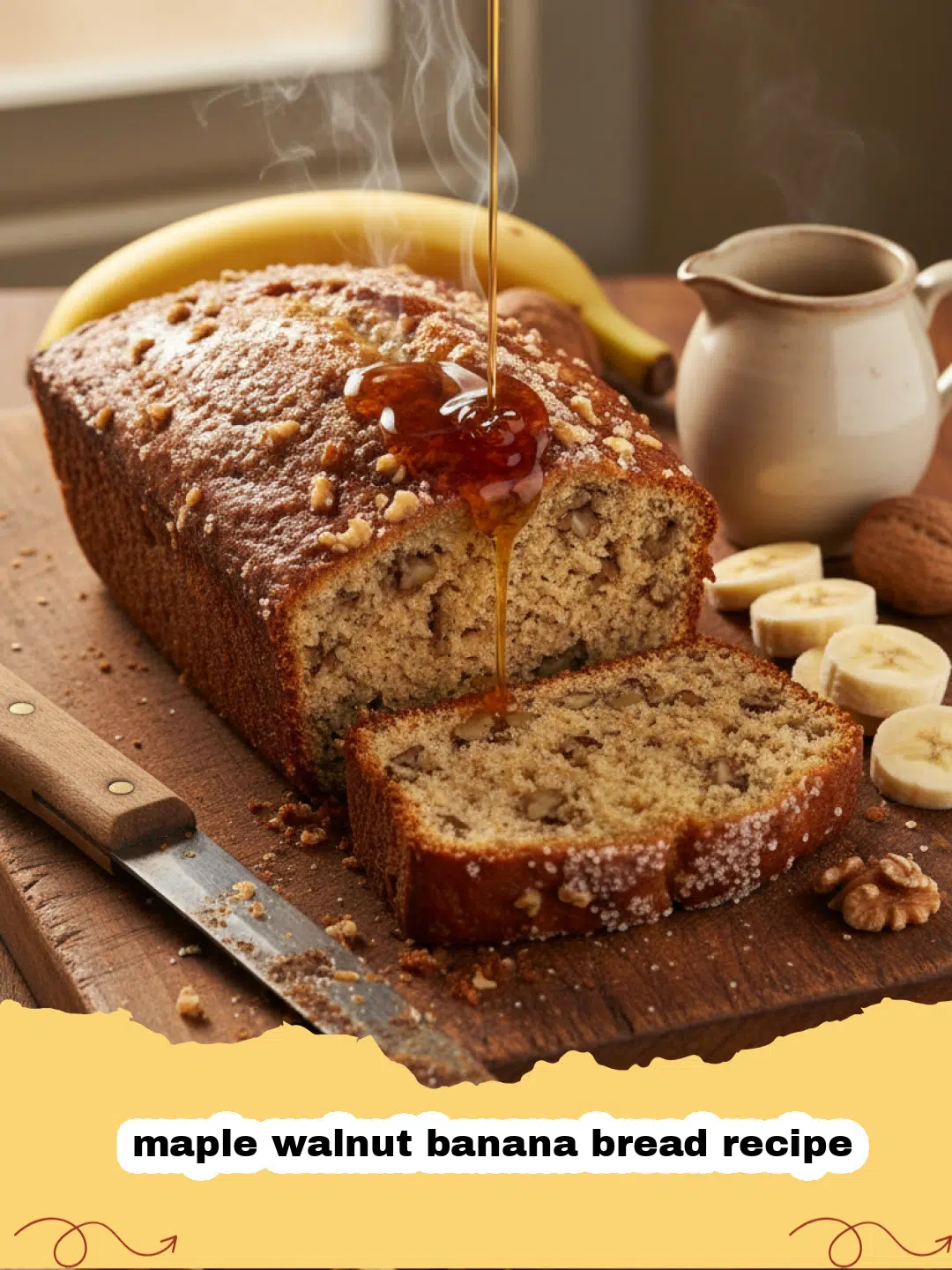 maple walnut banana bread recipe - A thick slice of maple walnut banana bread on a wooden board