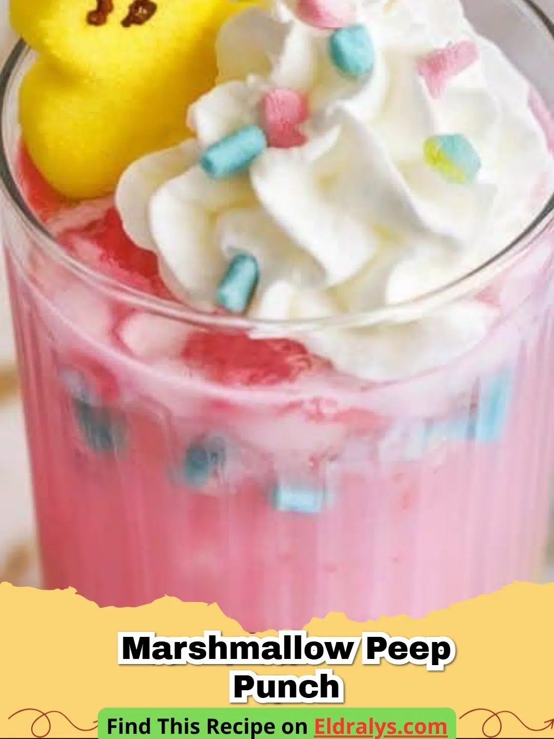 A large punch bowl filled with colorful Marshmallow Peep Punch and floating marshmallow chicks.