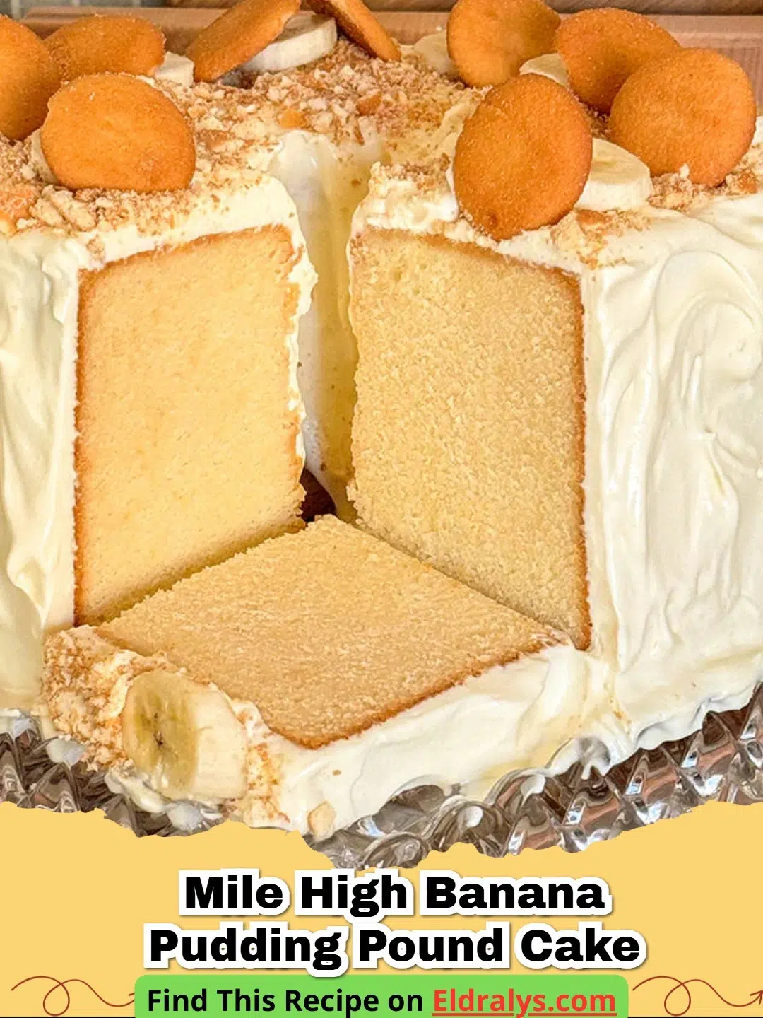 A towering slice of Mile High Banana Pudding Pound Cake on a white plate.
