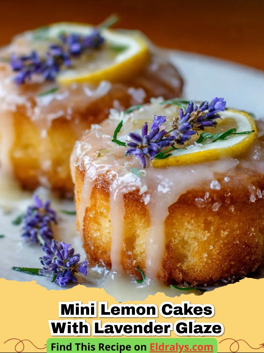 A close up shot of several Mini Lemon Cakes with Lavender Glaze on a white platter.