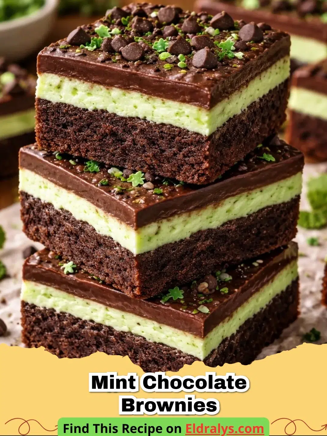 A stack of layered Mint Chocolate Brownies with a fudgy base and green frosting.