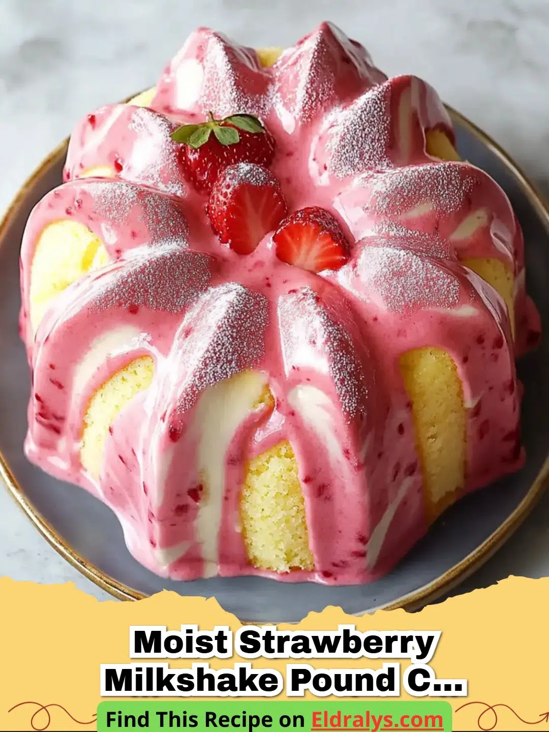 A thick slice of Moist Strawberry Milkshake Pound Cake for Summertime Joy served on a white plate with fresh berries.