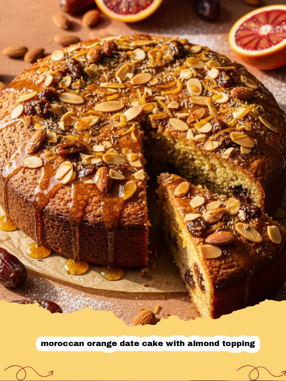 moroccan orange date cake with almond topping - A golden-brown Moroccan orange date cake topped with sliced almonds on a ceramic plate.