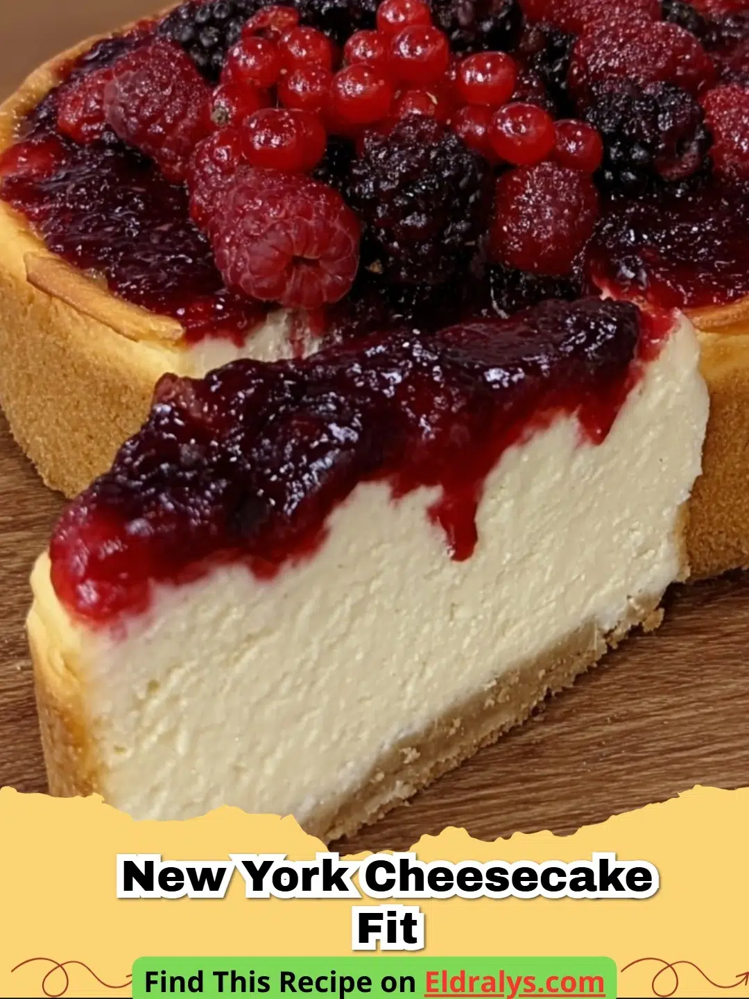 A delicious slice of New York Cheesecake Fit topped with fresh strawberries.