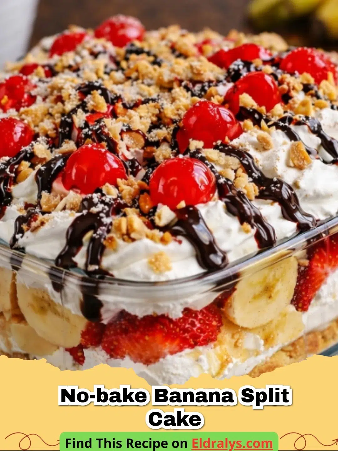 A close up shot of a slice of No-Bake Banana Split Cake showing layers of graham cracker, cream cheese, banana and pineapple.