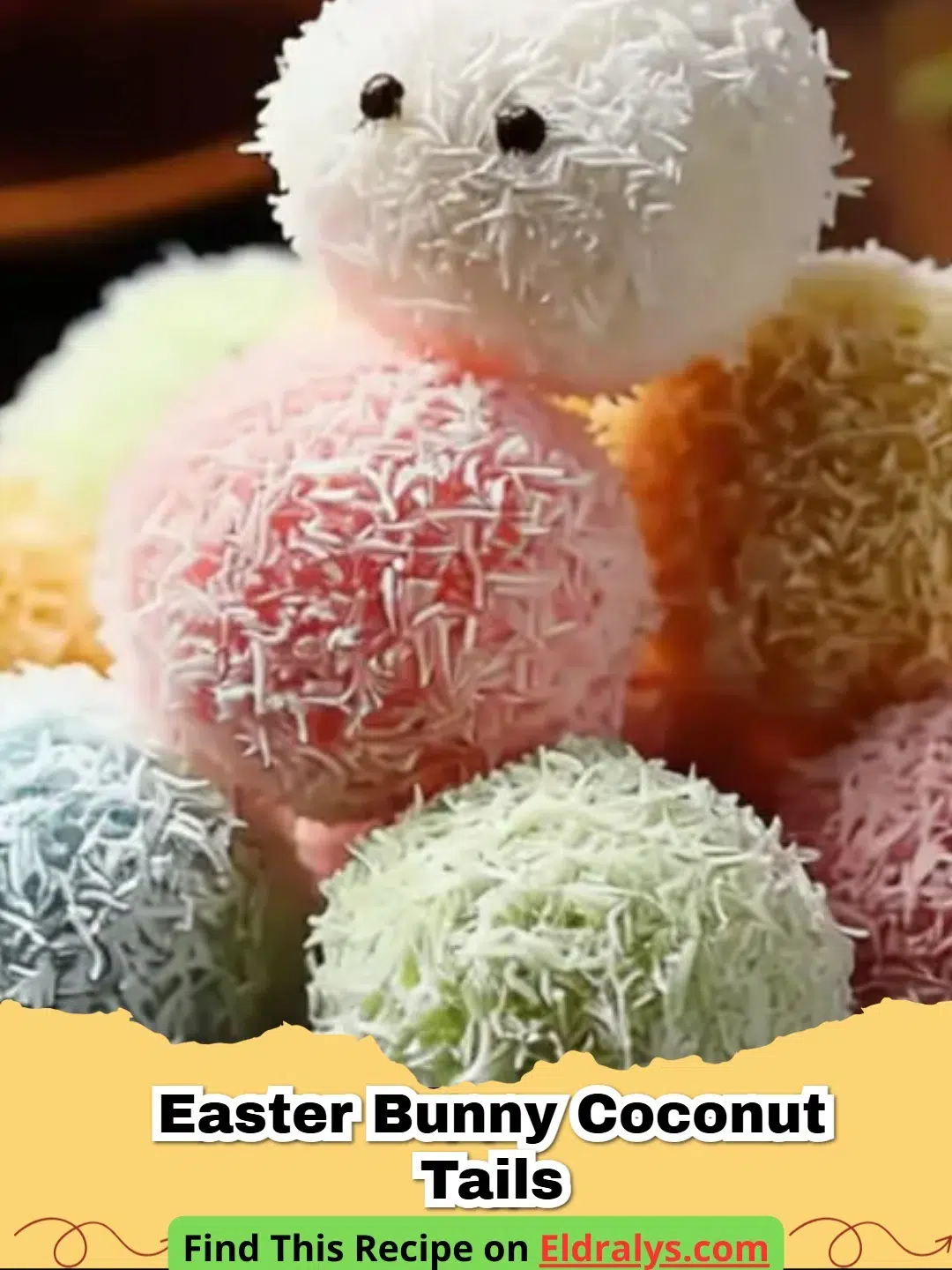 A platter of white and pastel-colored No-Bake Easter Bunny Coconut Tails arranged on a spring-themed table.