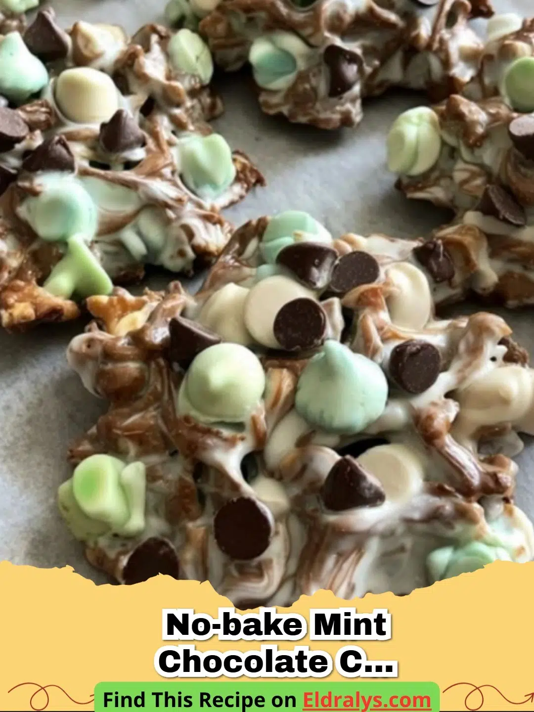 Close up of No-Bake Mint Chocolate Chip Clusters on parchment paper