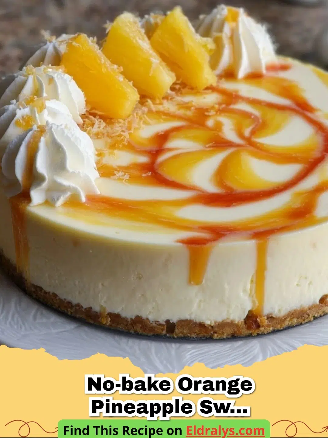 A slice of No-Bake Orange Pineapple Swirl Cheesecake showing beautiful orange and yellow marbles.