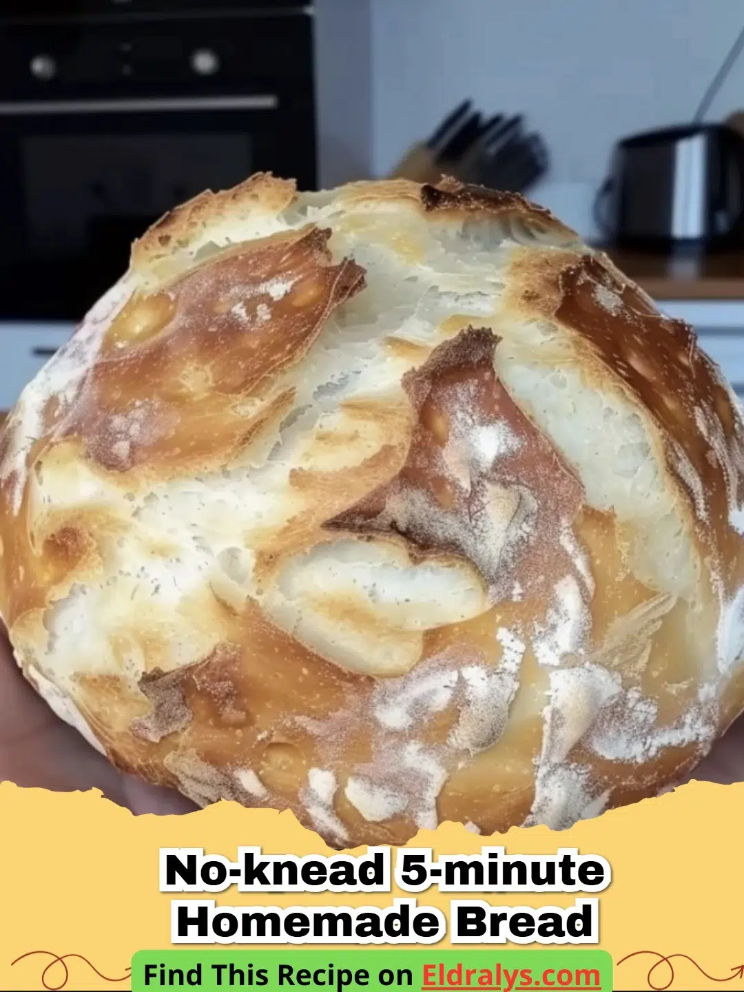 A crusty golden loaf of No-Knead 5-Minute Homemade Bread on a wooden board.