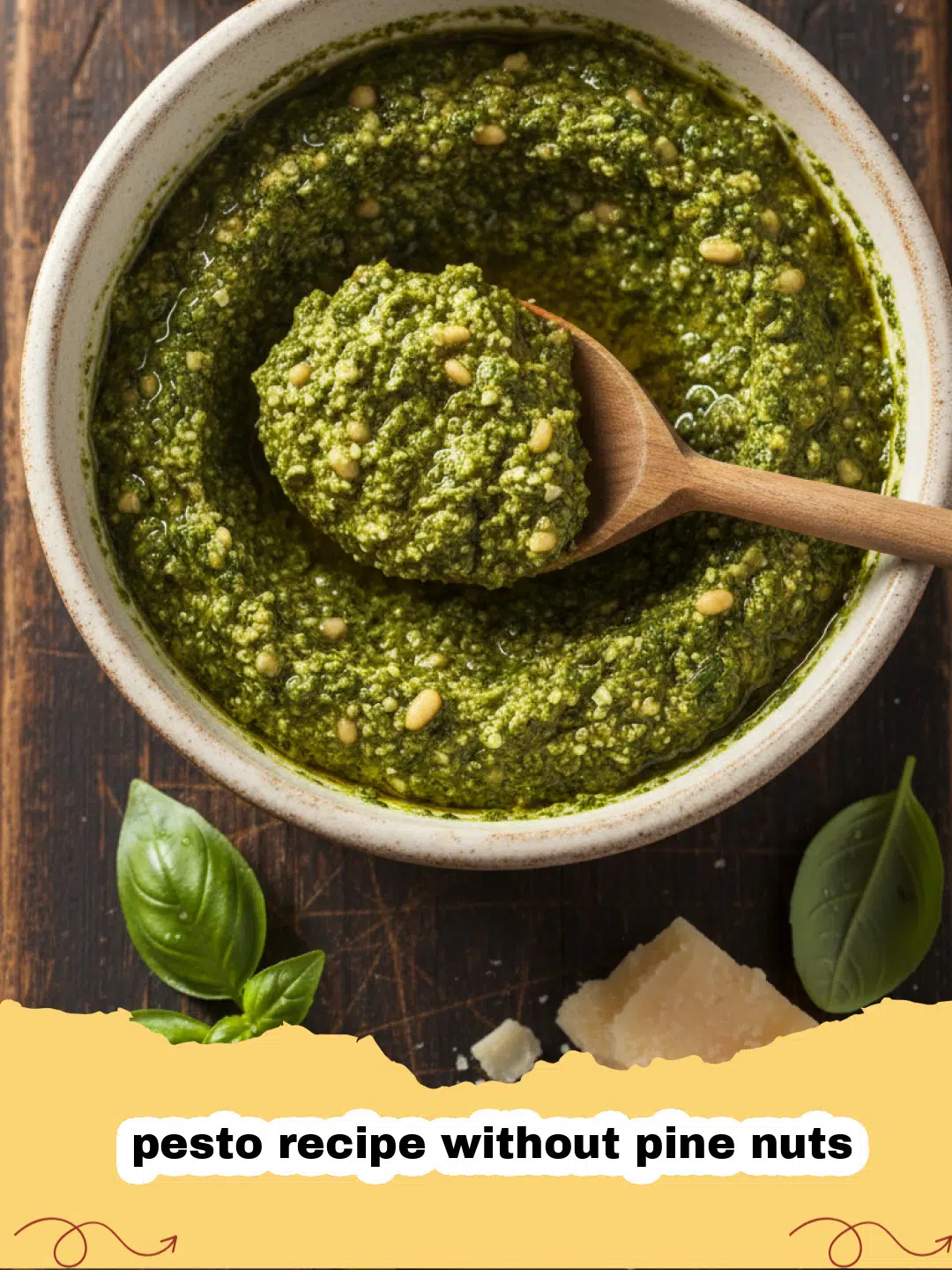 A glass bowl filled with vibrant green pesto recipe without pine nuts surrounded by fresh basil leaves and walnuts