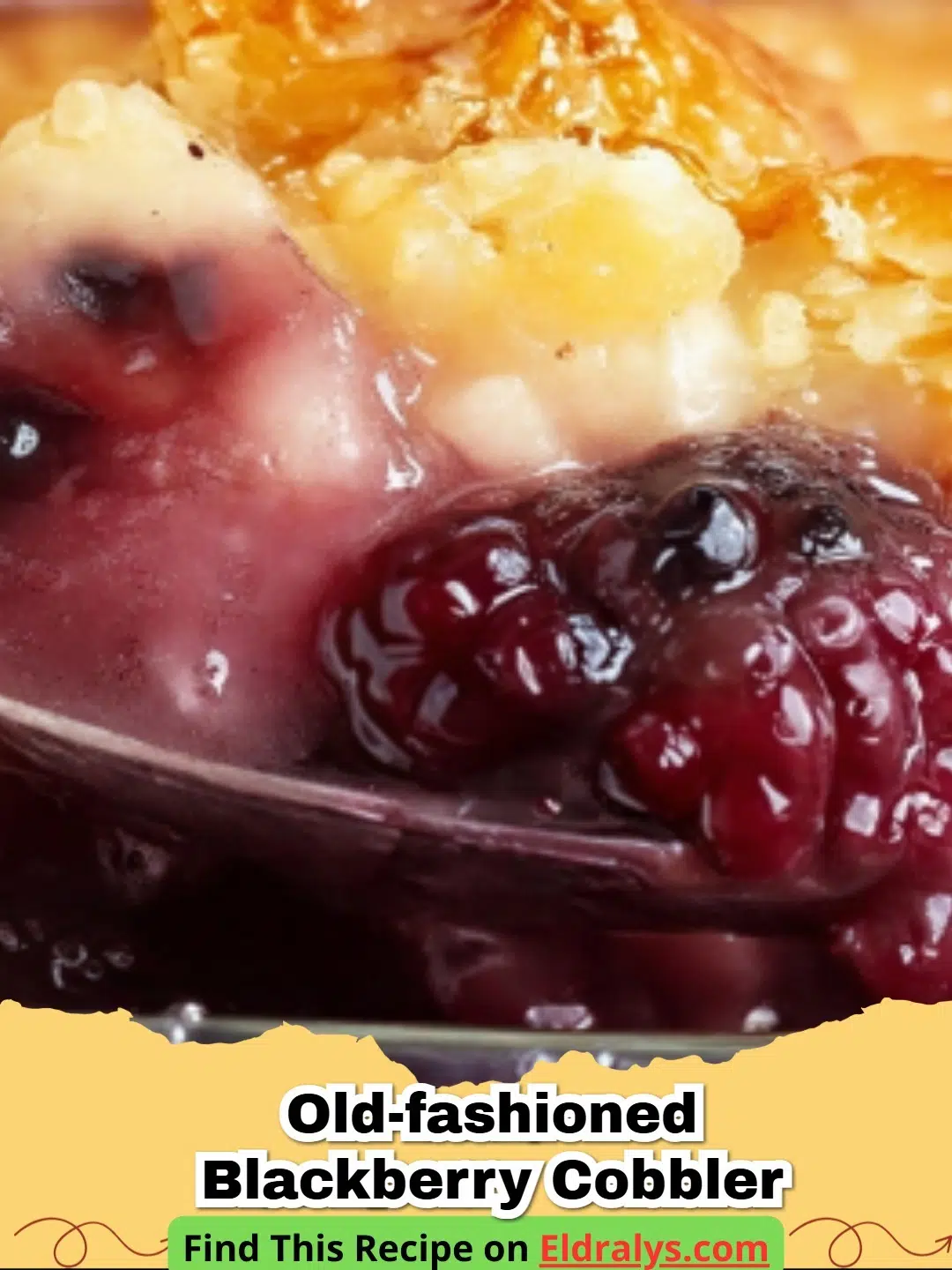 A close up photo of OLD-FASHIONED BLACKBERRY COBBLER served with melting ice cream