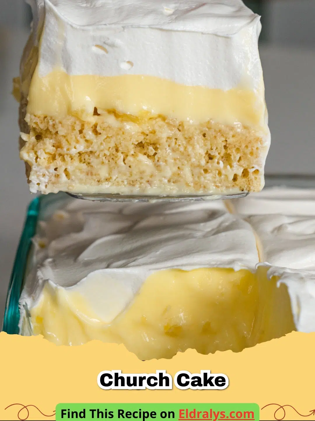 A close up of a sliced Church Cake with glossy chocolate frosting