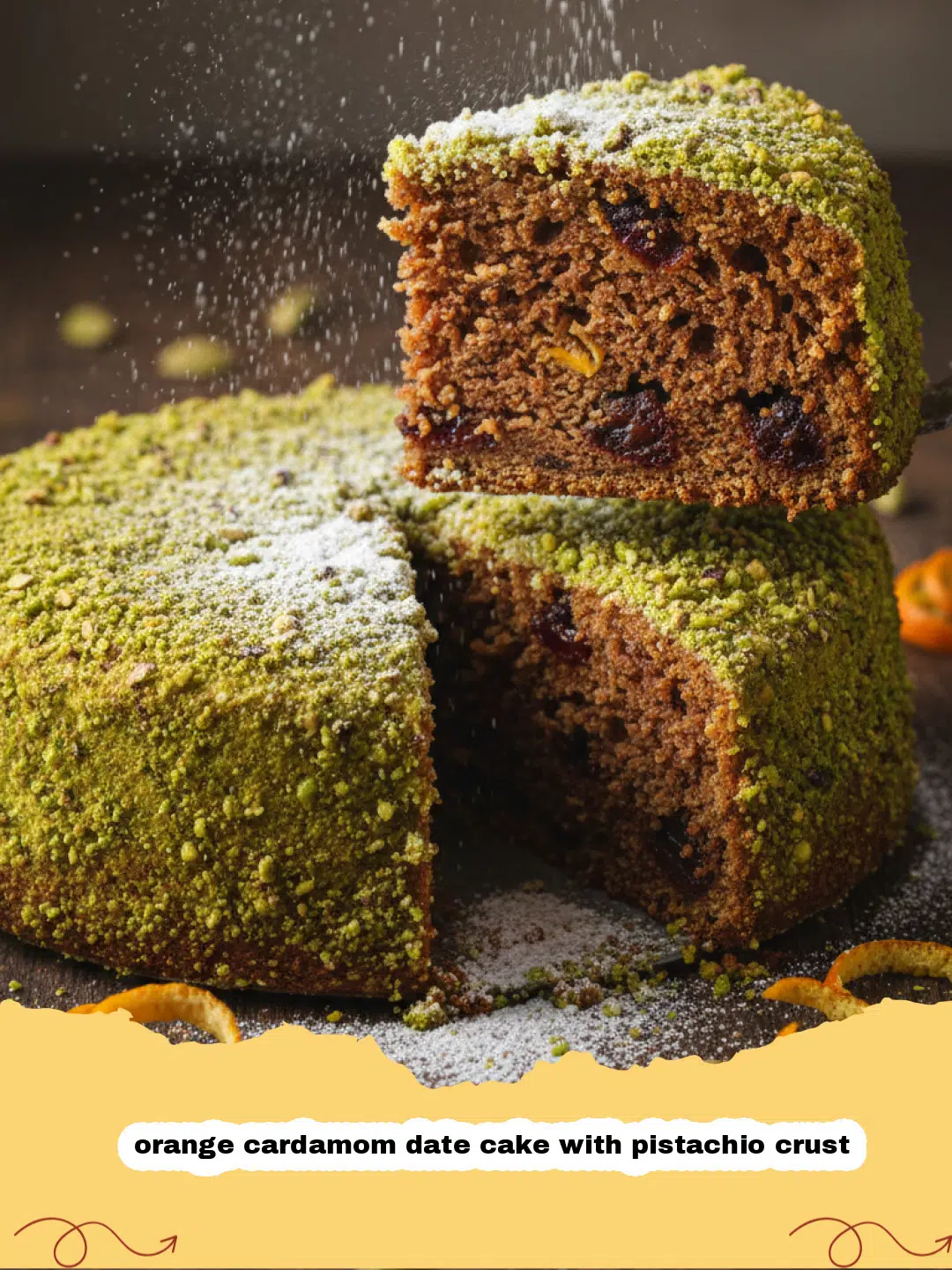 orange cardamom date cake with pistachio crust - A beautiful slice of orange cardamom date cake with a vibrant green pistachio crust and orange zest garnish.