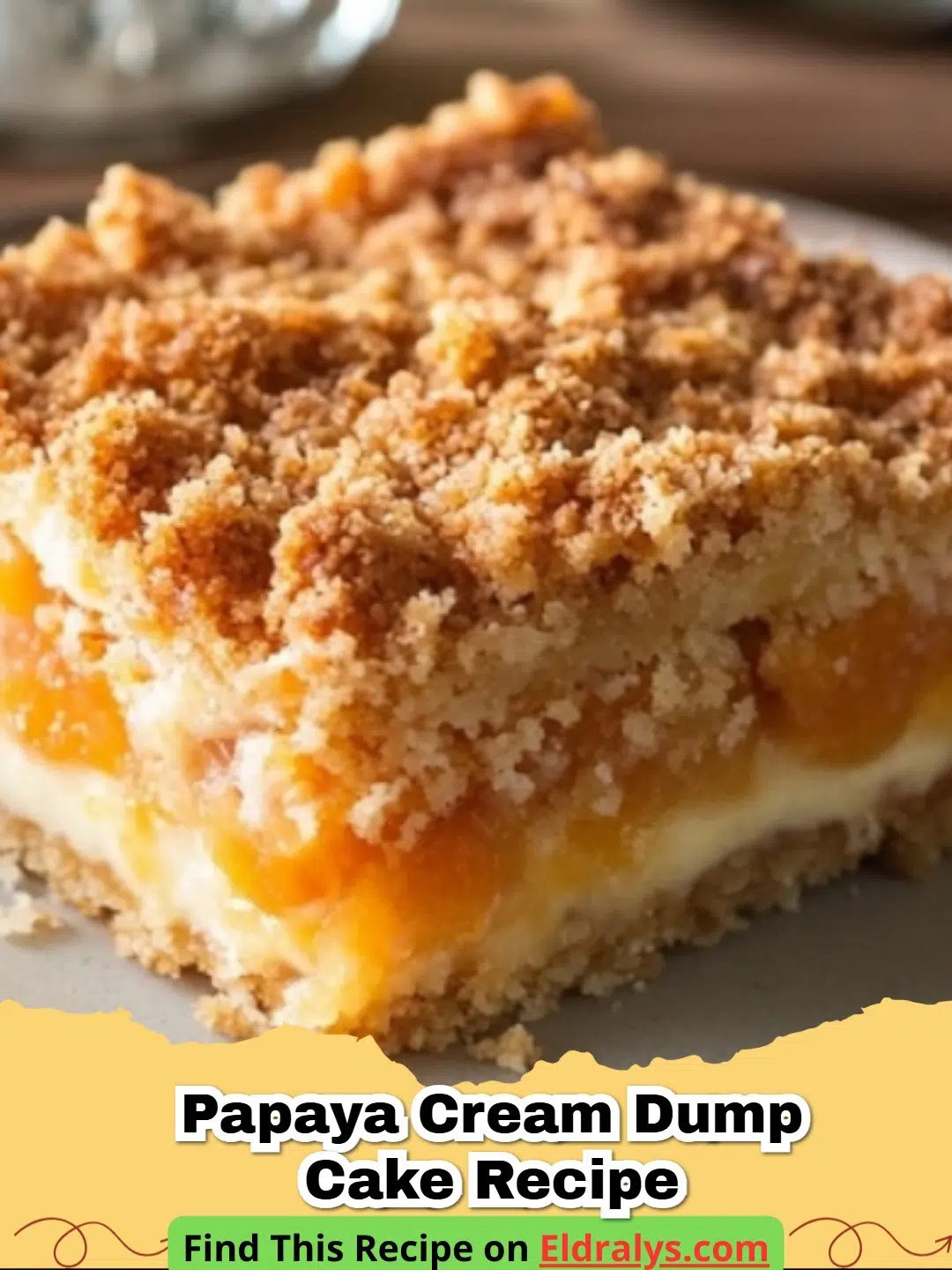 A close-up shot of a golden-brown Papaya Cream Dump Cake served in a white dish with a scoop of ice cream.