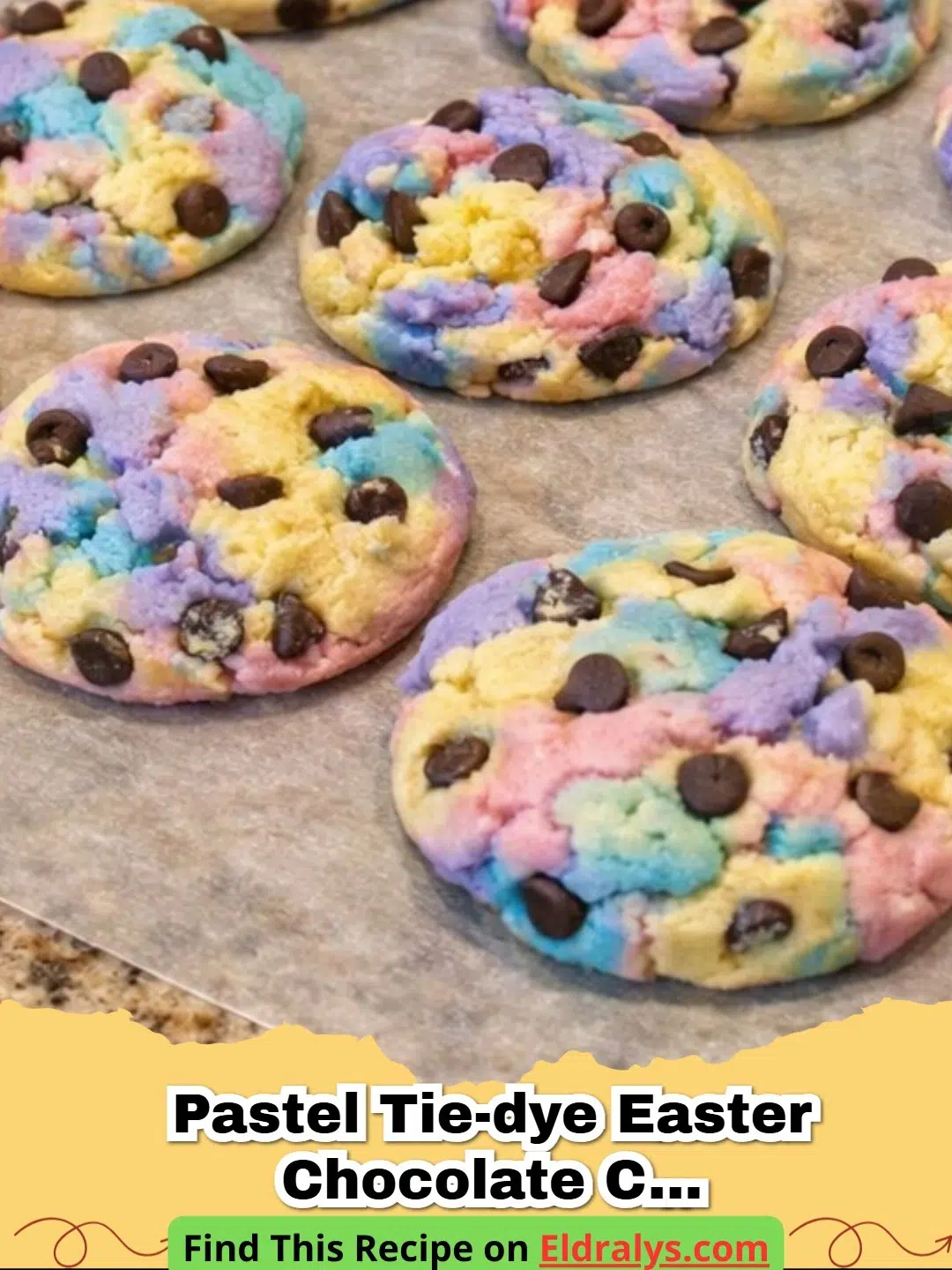 A close-up shot of several Pastel Tie-Dye Easter Chocolate Chip Cookies showing vibrant pink, blue, and yellow swirls.