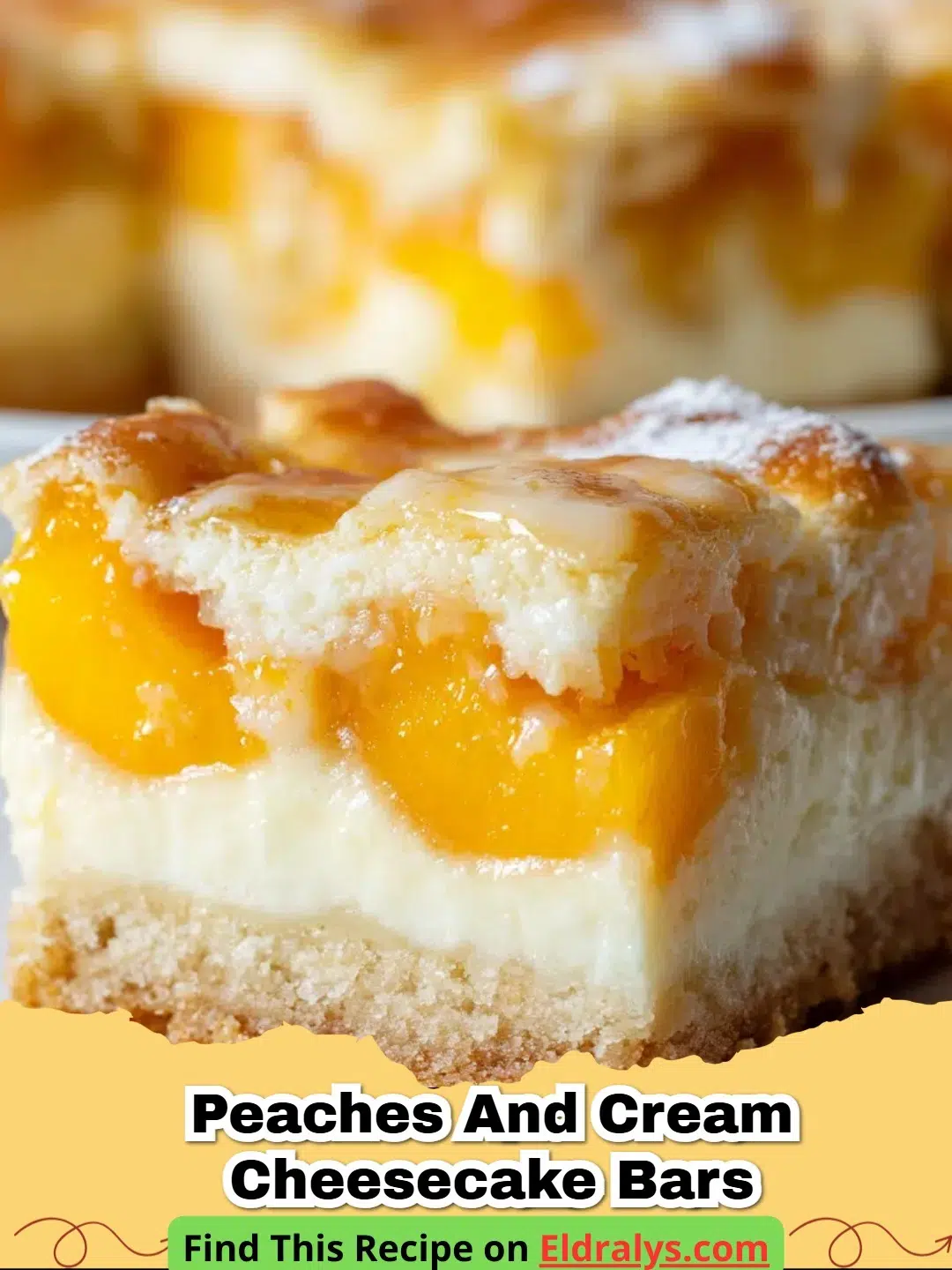 Peaches and Cream Cheesecake Bars - Close up of a Peaches and Cream Cheesecake Bar showing the fruit swirl and golden crust.
