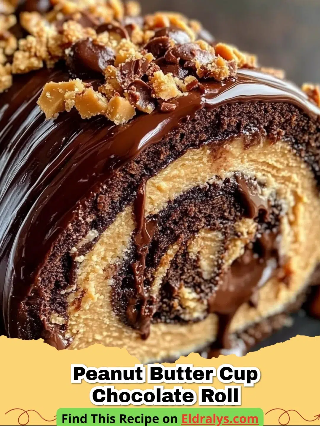 A sliced Peanut Butter Cup Chocolate Roll showing the beautiful spiral filling