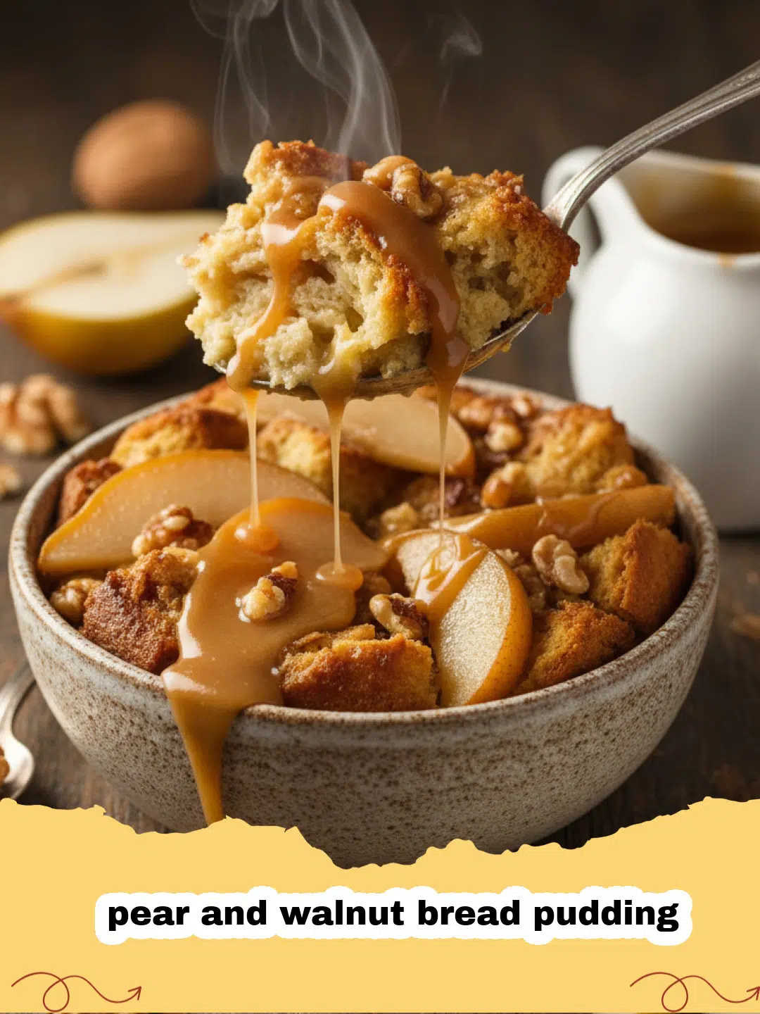 A close-up of a golden brown pear and walnut bread pudding in a white ceramic dish.