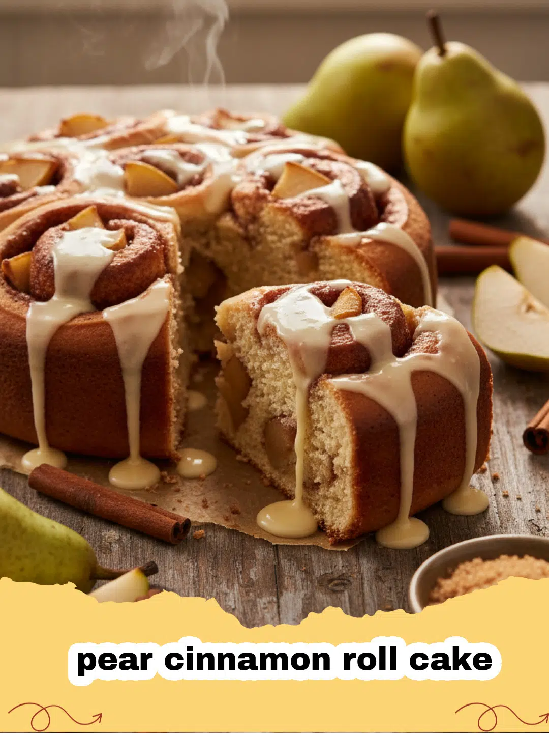 pear cinnamon roll cake - A close up view of a slice of Pear Cinnamon Roll Cake with visible pear chunks and cinnamon swirls.
