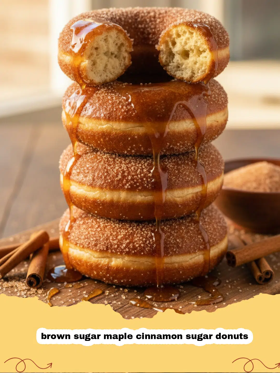 A stack of golden brown sugar maple cinnamon sugar donuts with a glistening coating.