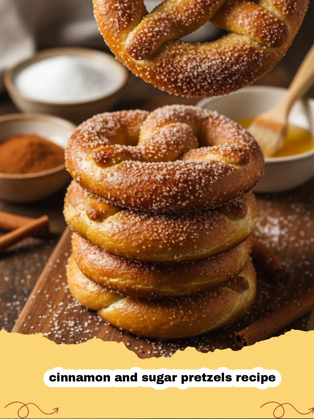 cinnamon and sugar pretzels recipe - Golden brown soft pretzels coated in cinnamon and sugar on a cooling rack.