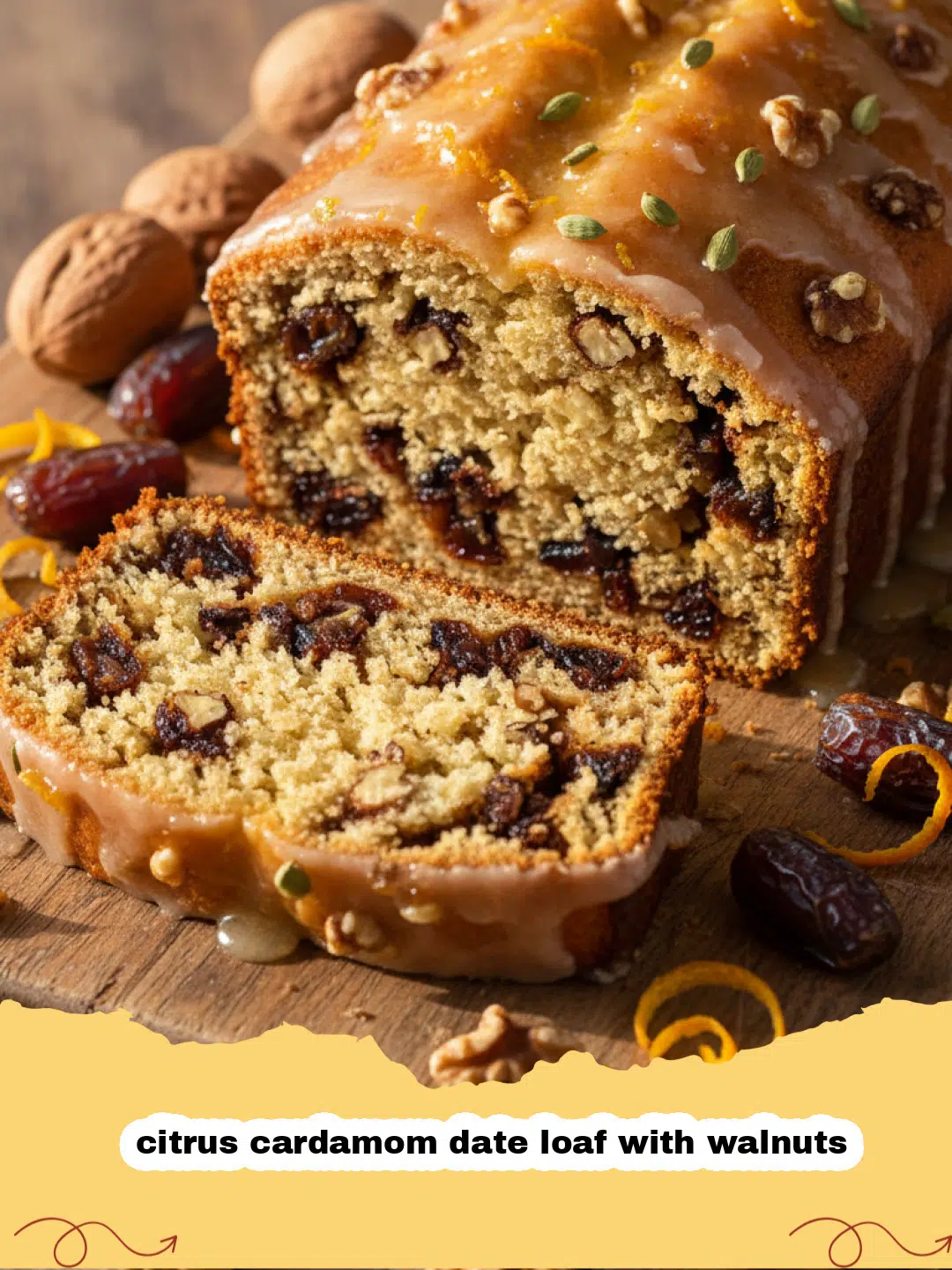 A close-up of a sliced citrus cardamom date loaf with walnuts on a wooden board with orange slices nearby.