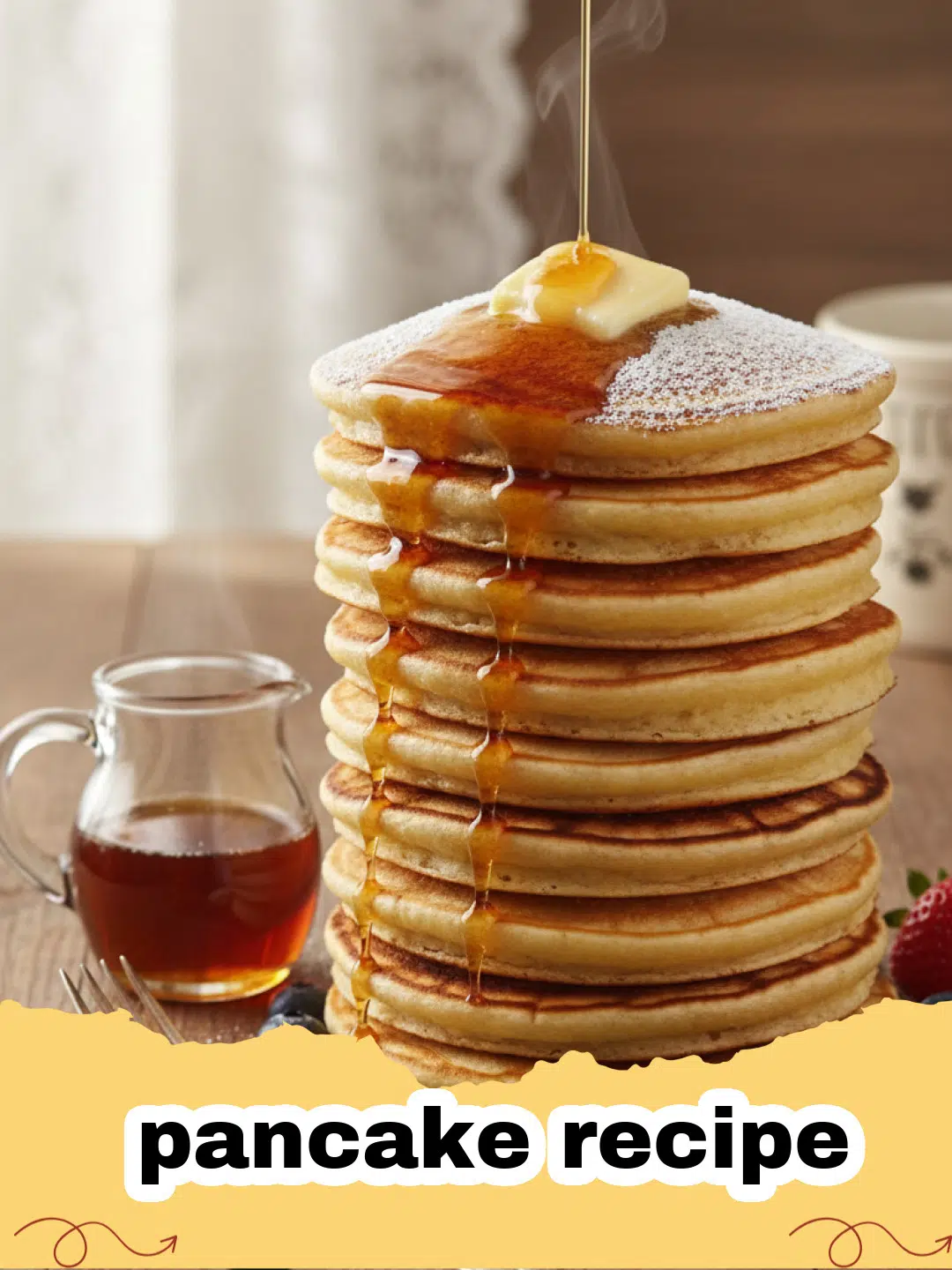 pancake recipe - A stack of three fluffy golden brown pancakes topped with a pat of melting butter and maple syrup.