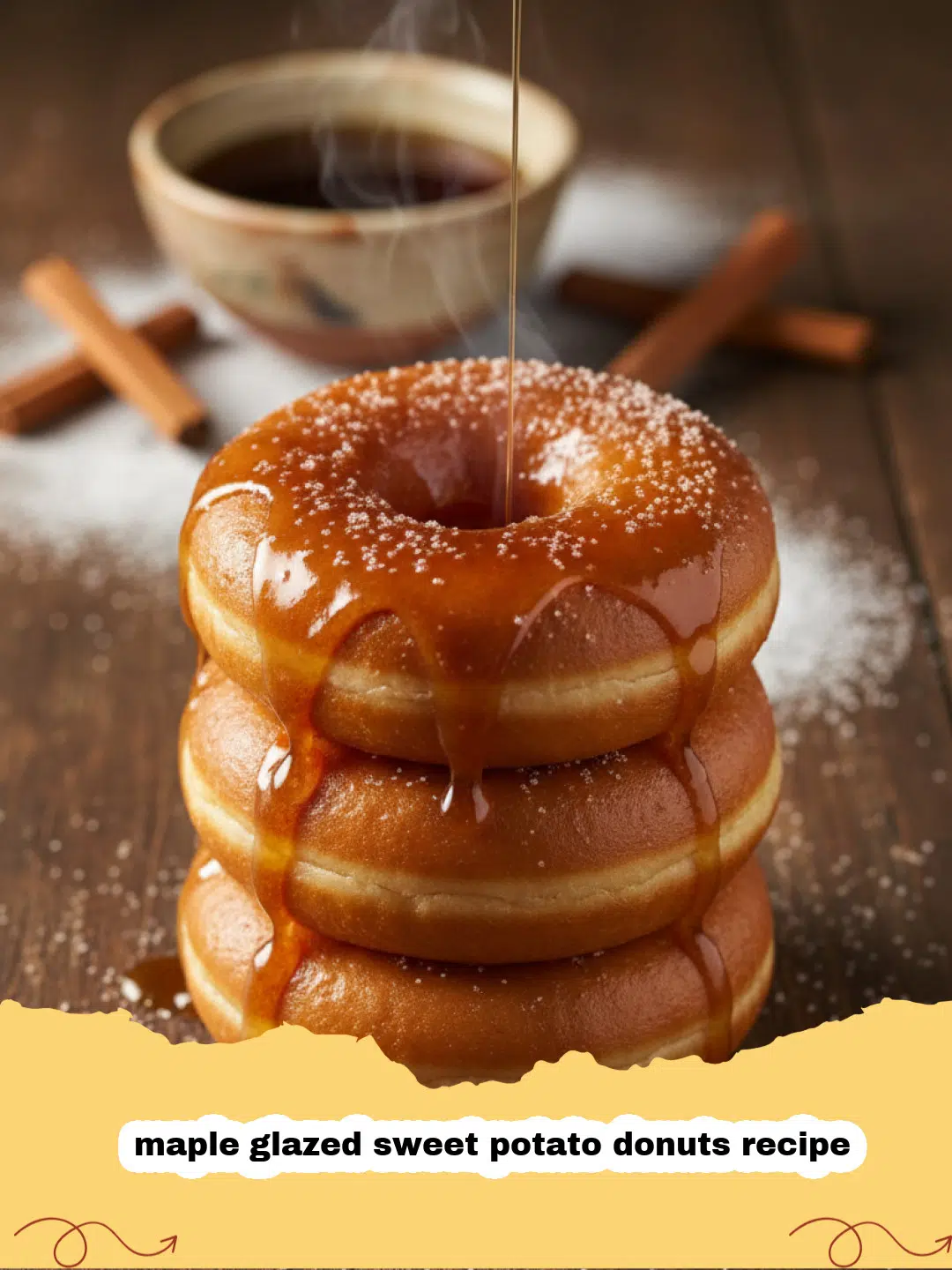 maple glazed sweet potato donuts recipe - A stack of golden brown maple glazed sweet potato donuts on a wire cooling rack with glaze dripping down the sides.