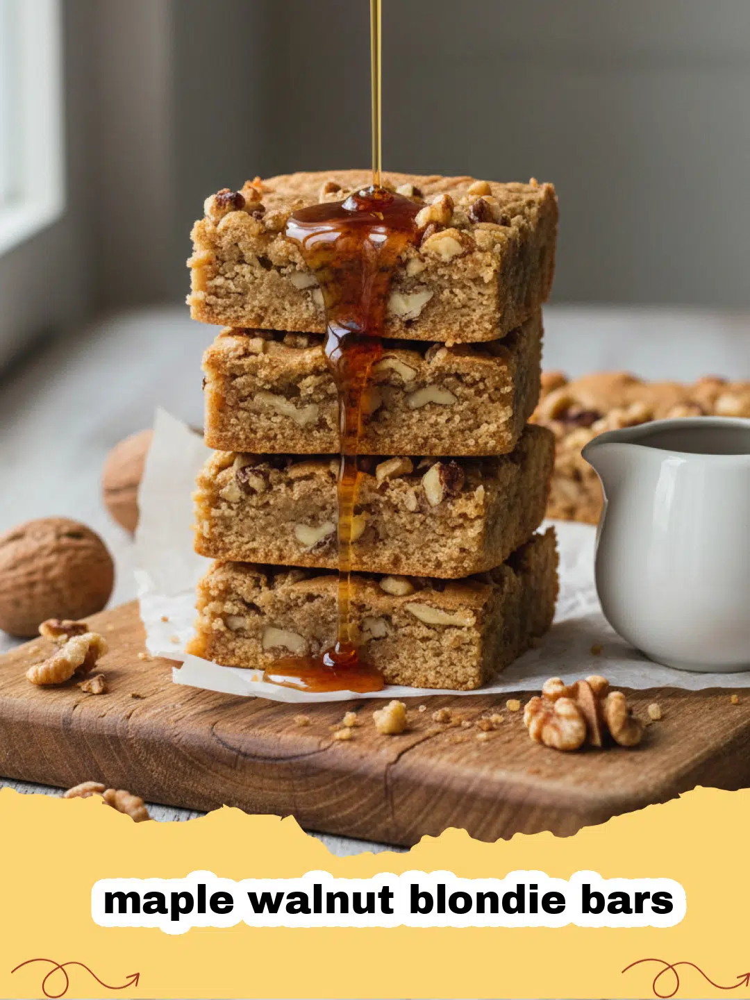A close up of chewy maple walnut blondie bars stacked on a wooden board.