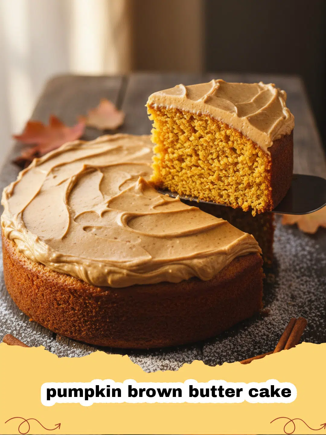 A beautiful slice of pumpkin brown butter cake topped with cream cheese frosting on a rustic plate.