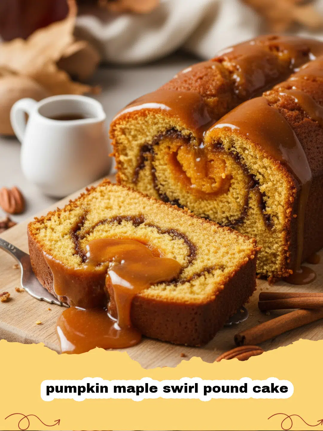 A thick slice of pumpkin maple swirl pound cake showing the beautiful marbled interior.