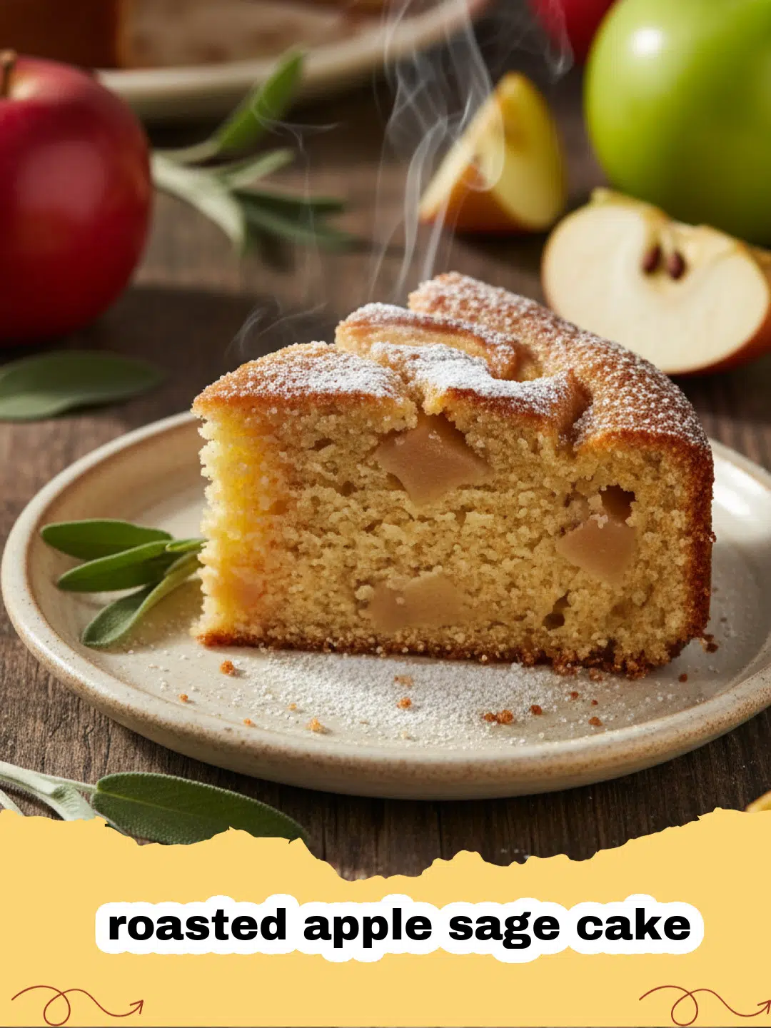 A close-up shot of a golden-brown roasted apple sage cake on a rustic wooden board.
