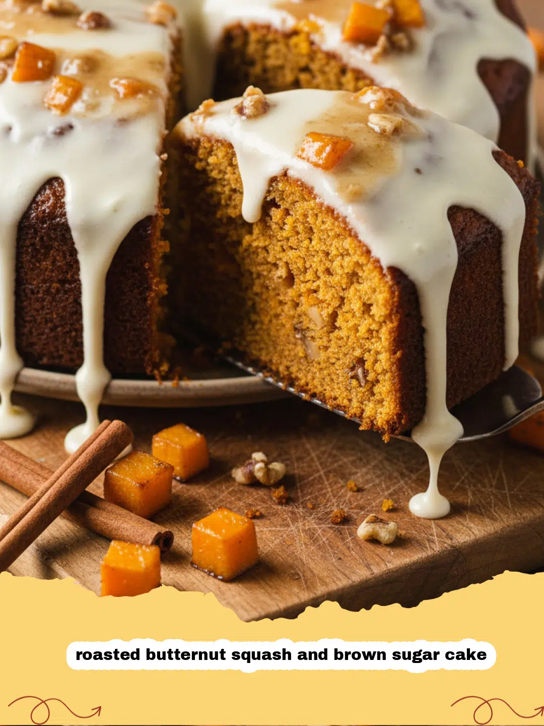 A beautiful golden-brown roasted butternut squash and brown sugar cake on a rustic wooden table.