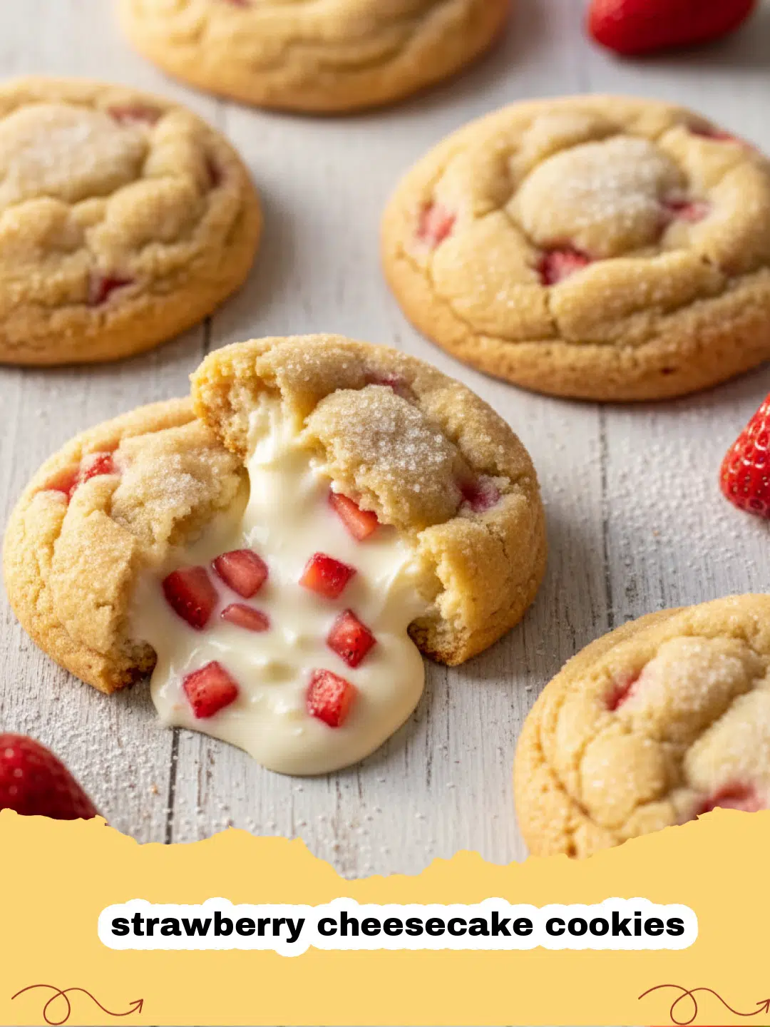 A stack of pink strawberry cheesecake cookies with a visible cream cheese center