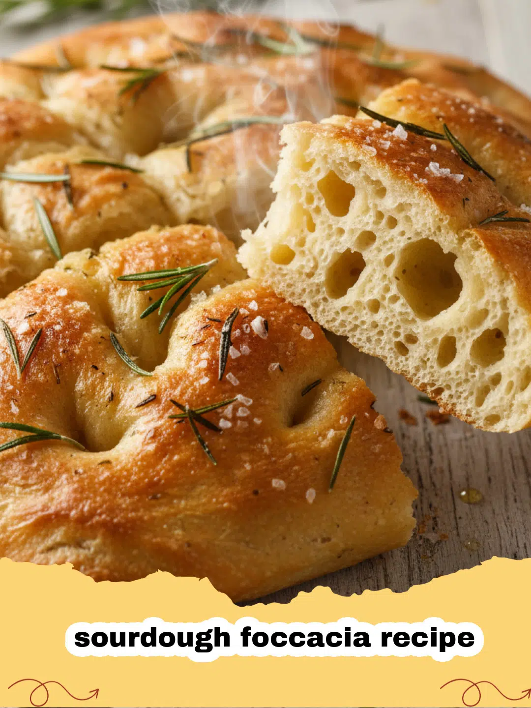 sourdough foccacia recipe - Golden brown sourdough foccacia with rosemary and sea salt dimples