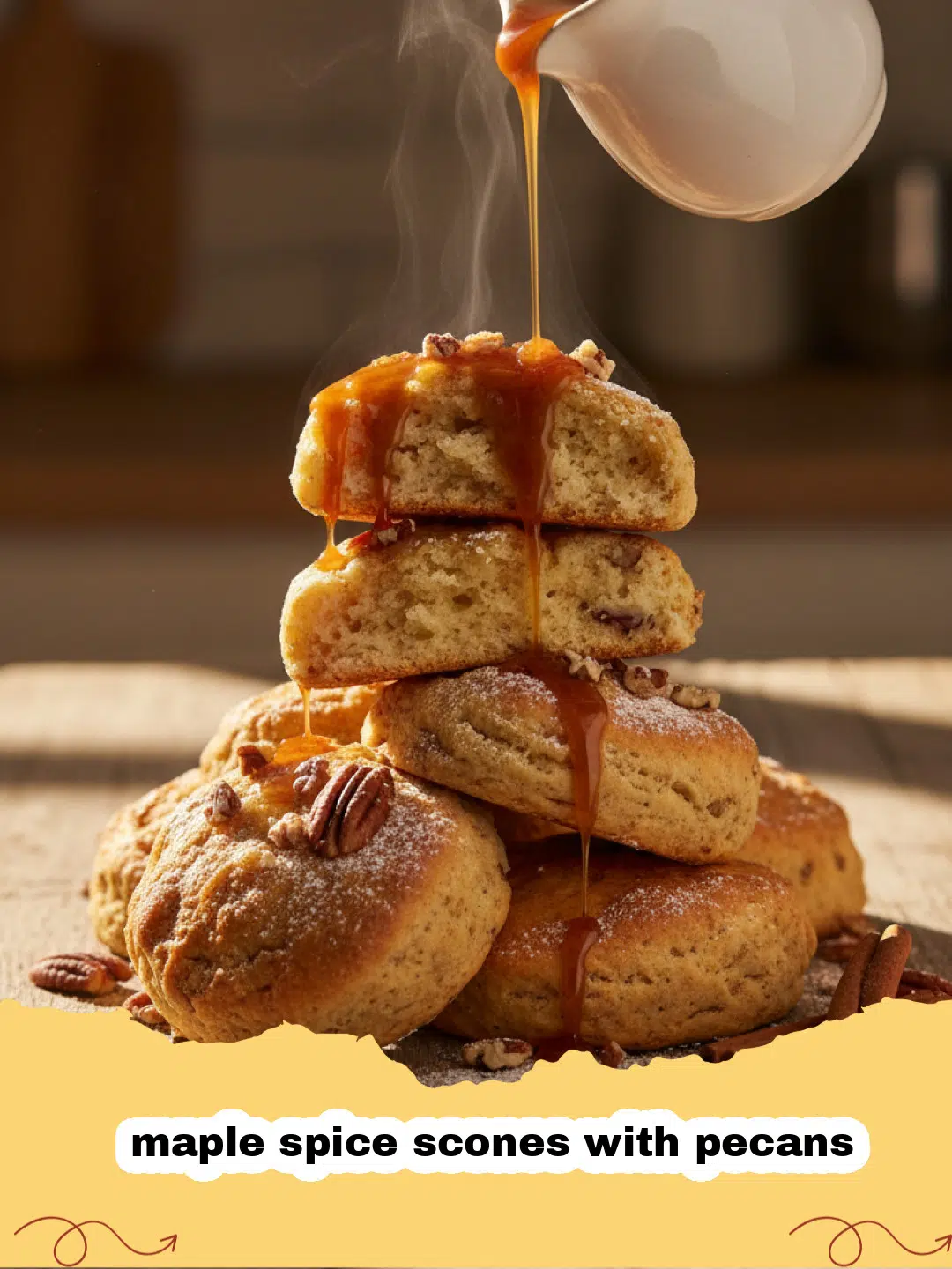 Golden brown maple spice scones with pecans drizzled with glaze on a cooling rack.